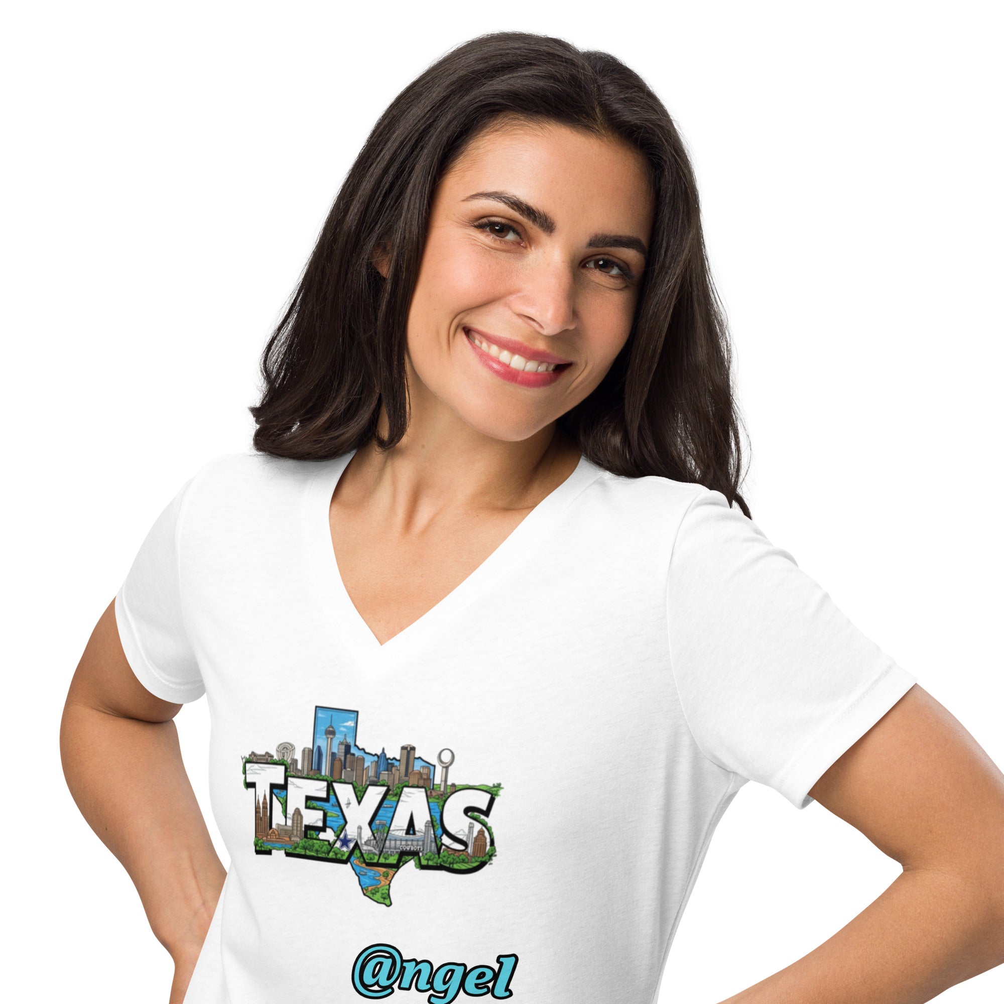 Woman wearing a white t-shirt with 'Texas' and '@ngel' design on a white background