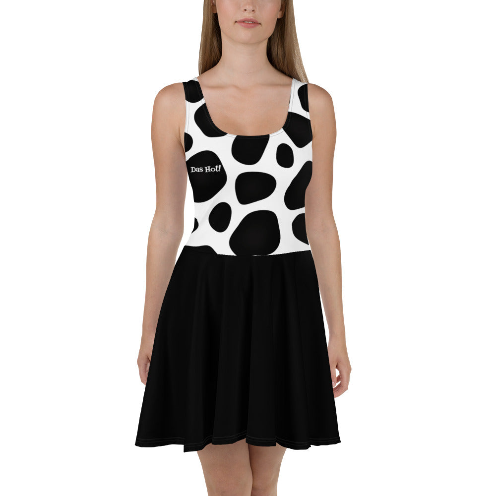 white and black Dalmatian skater dress. mid thigh.