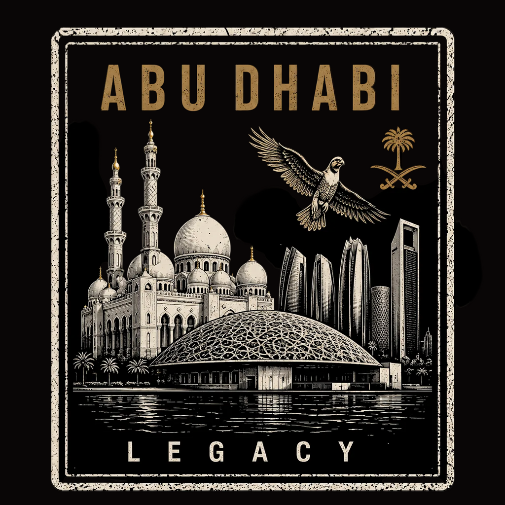 Gold colored Badge  graphic close up for Das Hot! Abu Dhabi Desert Hype oversized black streetwear T-shirt featuring the Abu Dhabi Legacy badge inspired by Sheikh Zayed Grand Mosque, Louvre Abu Dhabi, Etihad Towers, Emirati heritage and the modern Abu Dhabi skyline.