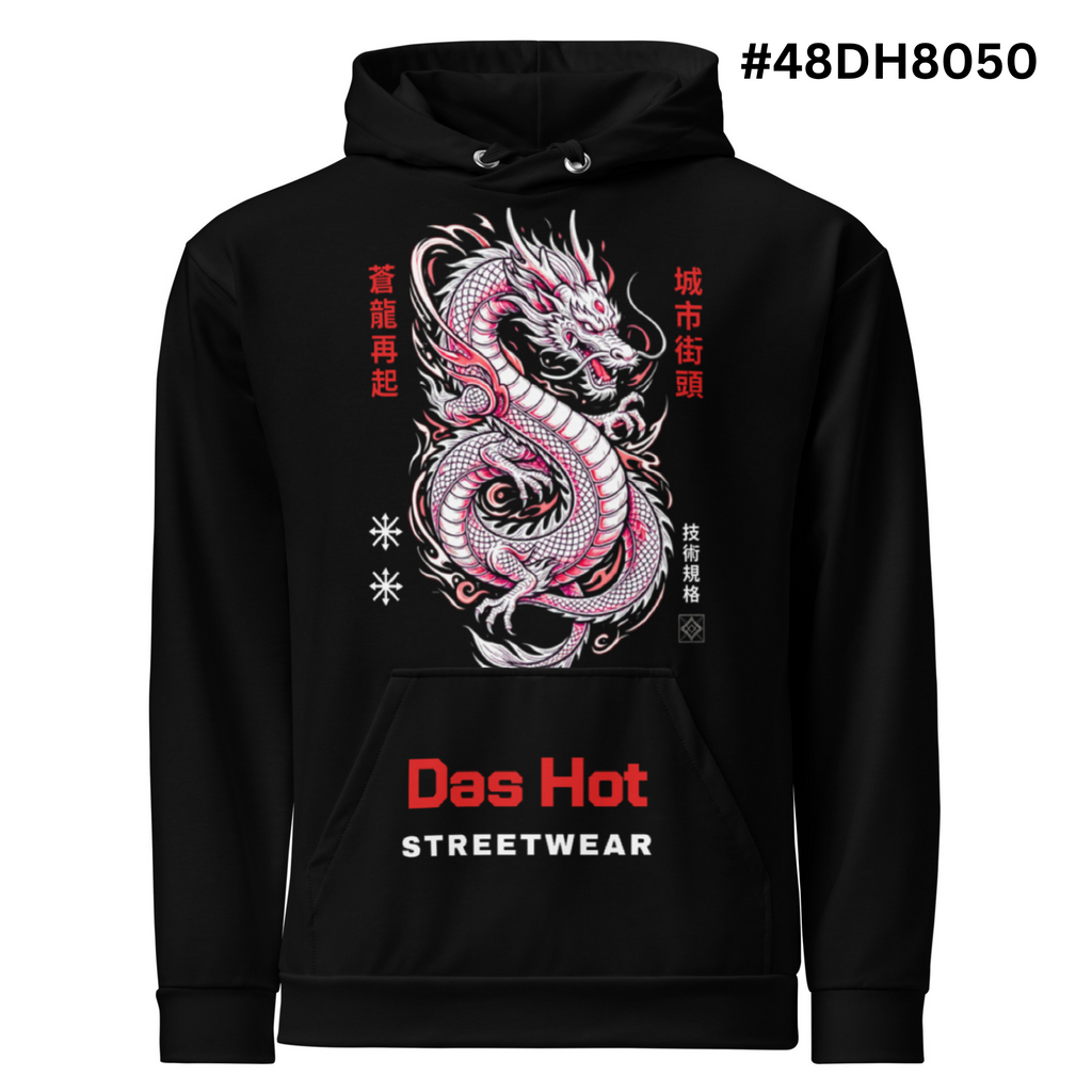 A black pullover Break dancer hoodie with a large graphic print of a white and pink dragon on the front, accompanied by red Chinese characters and the text 'Das Hot STREETWEAR' below the graphic. The image is set against a plain white background with a black text overlay '#48DH8050' in the top right corner.
