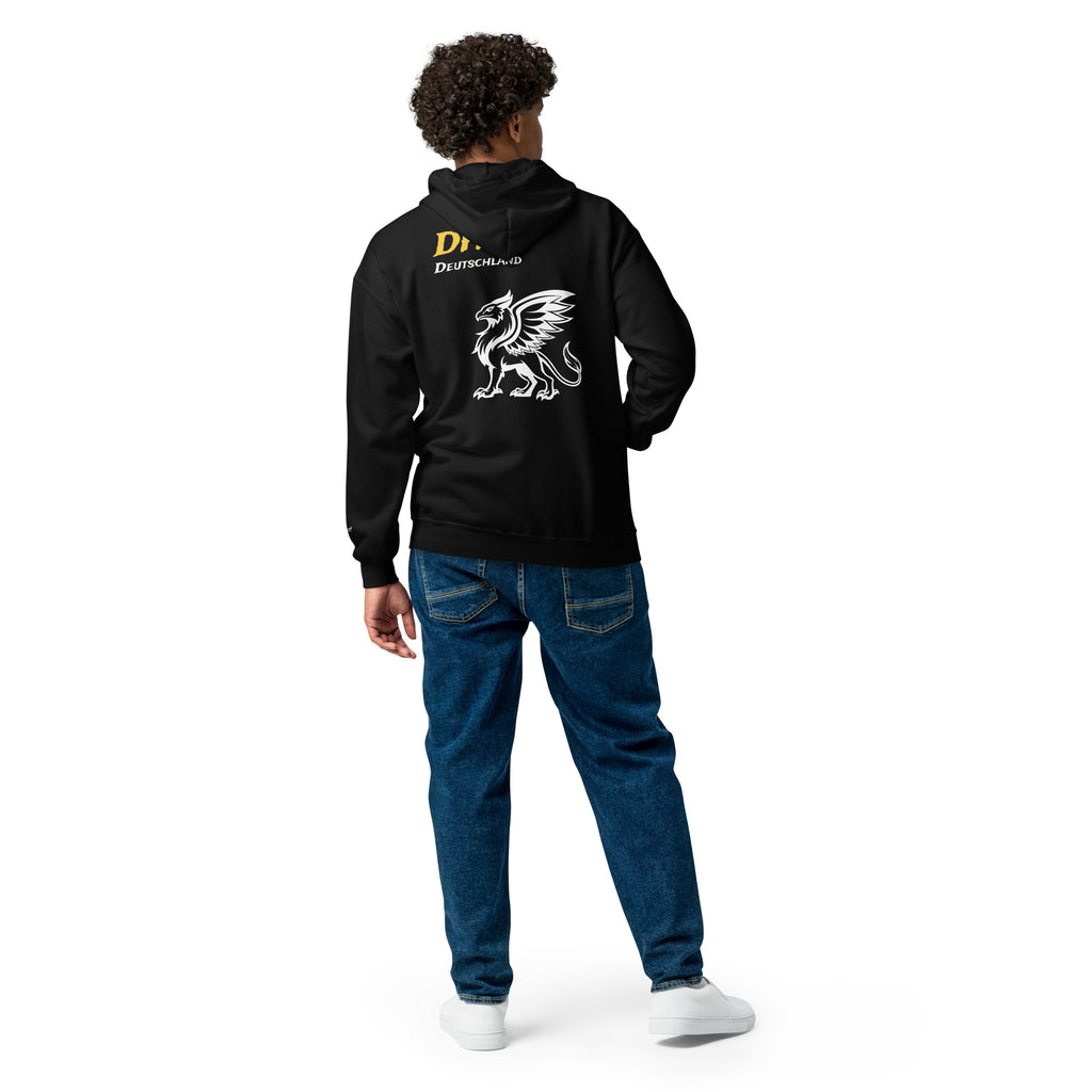 Das Hot! Deutschland Griffin black zip hoodie men's back view showing DH gold lettering and white Deutschland text with large white griffin