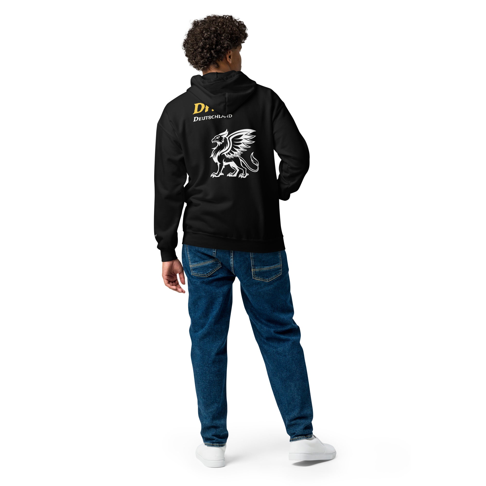 Das Hot! Deutschland Griffin black zip hoodie men's back view showing DH gold lettering and white Deutschland text with large white griffin