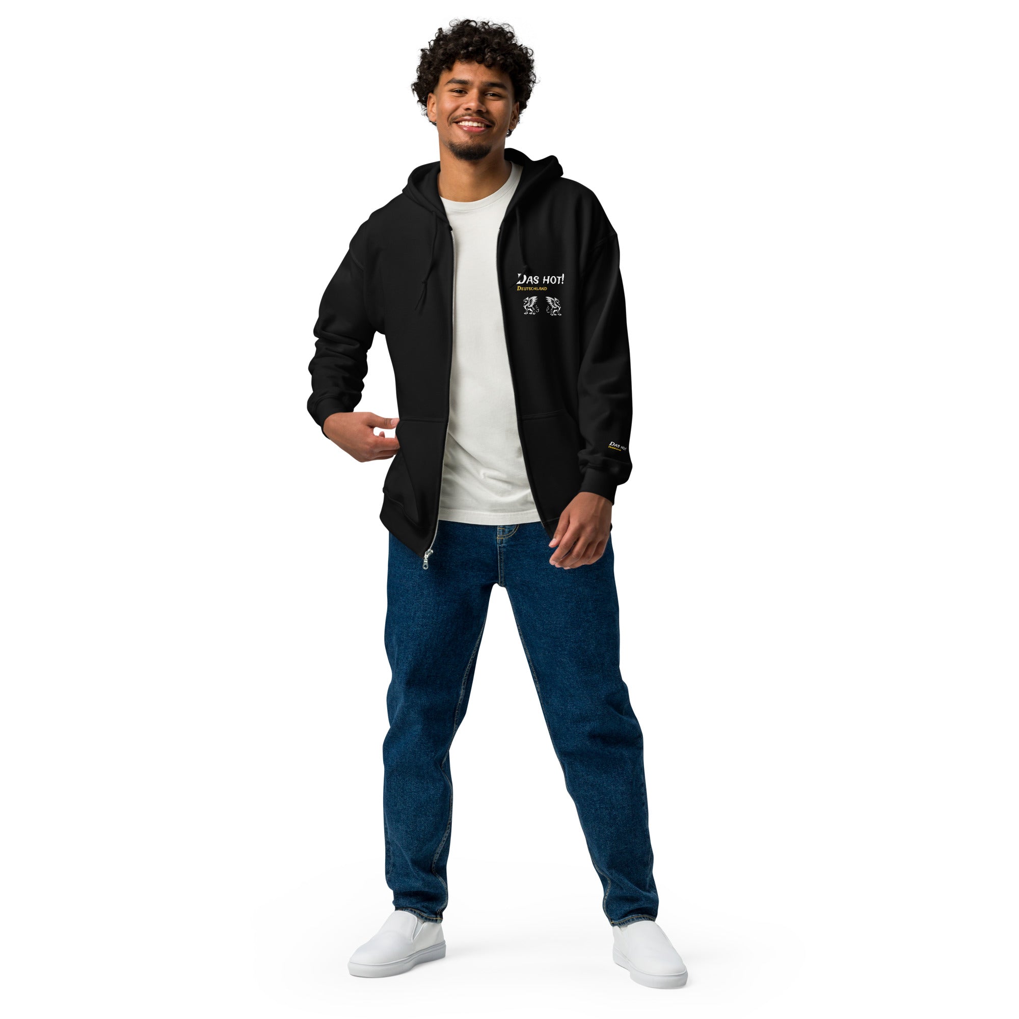 Das Hot! Deutschland Griffin black zip hoodie mens front view showing white brand lettering and gold Deutschland text