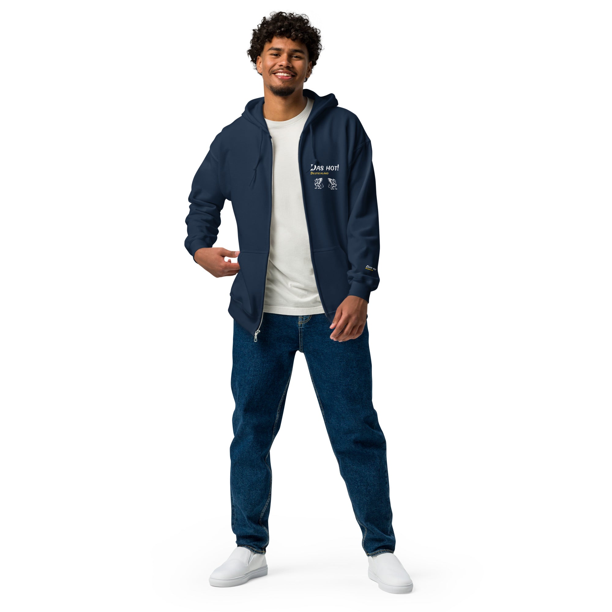 Das Hot! Deutschland Griffin blue zip hoodie mens front view showing white brand lettering and gold Deutschland text