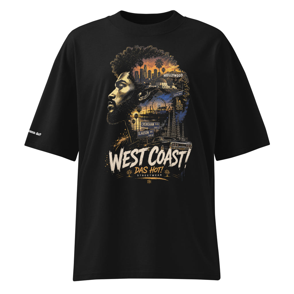 Front view of Das Hot! West Coast Desert Hype oversized black streetwear T-shirt featuring an artistic silhouette graphic inspired by Los Angeles culture, Hollywood, Crenshaw Blvd, Slauson Ave, lowrider lifestyle and authentic West Coast streetwear.