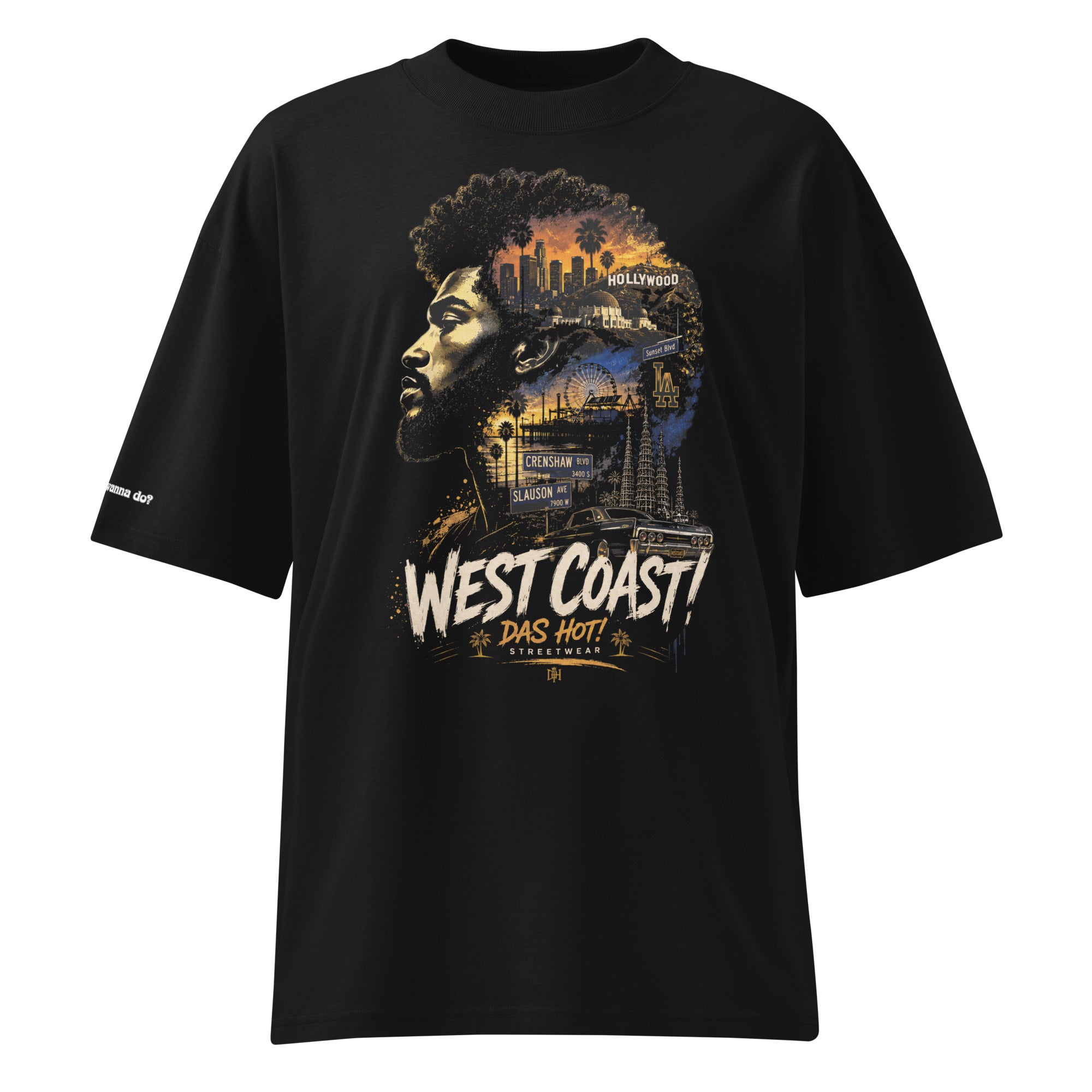 Front view of Das Hot! West Coast Desert Hype oversized black streetwear T-shirt featuring an artistic silhouette graphic inspired by Los Angeles culture, Hollywood, Crenshaw Blvd, Slauson Ave, lowrider lifestyle and authentic West Coast streetwear.