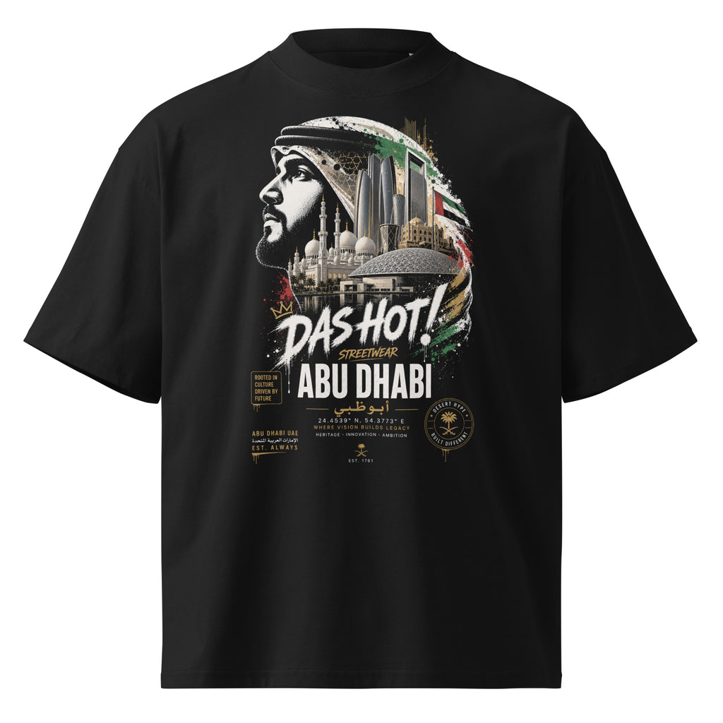 Das Hot! Abu Dhabi Desert Hype oversized black streetwear T-shirt featuring an Emirati profile illustration inspired by Sheikh Zayed Grand Mosque, Louvre Abu Dhabi, Etihad Towers, Abu Dhabi skyline, UAE heritage, luxury architecture and authentic Middle Eastern streetwear culture.