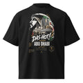 Das Hot! Abu Dhabi Desert Hype oversized black streetwear T-shirt featuring an Emirati profile illustration inspired by Sheikh Zayed Grand Mosque, Louvre Abu Dhabi, Etihad Towers, Abu Dhabi skyline, UAE heritage, luxury architecture and authentic Middle Eastern streetwear culture.