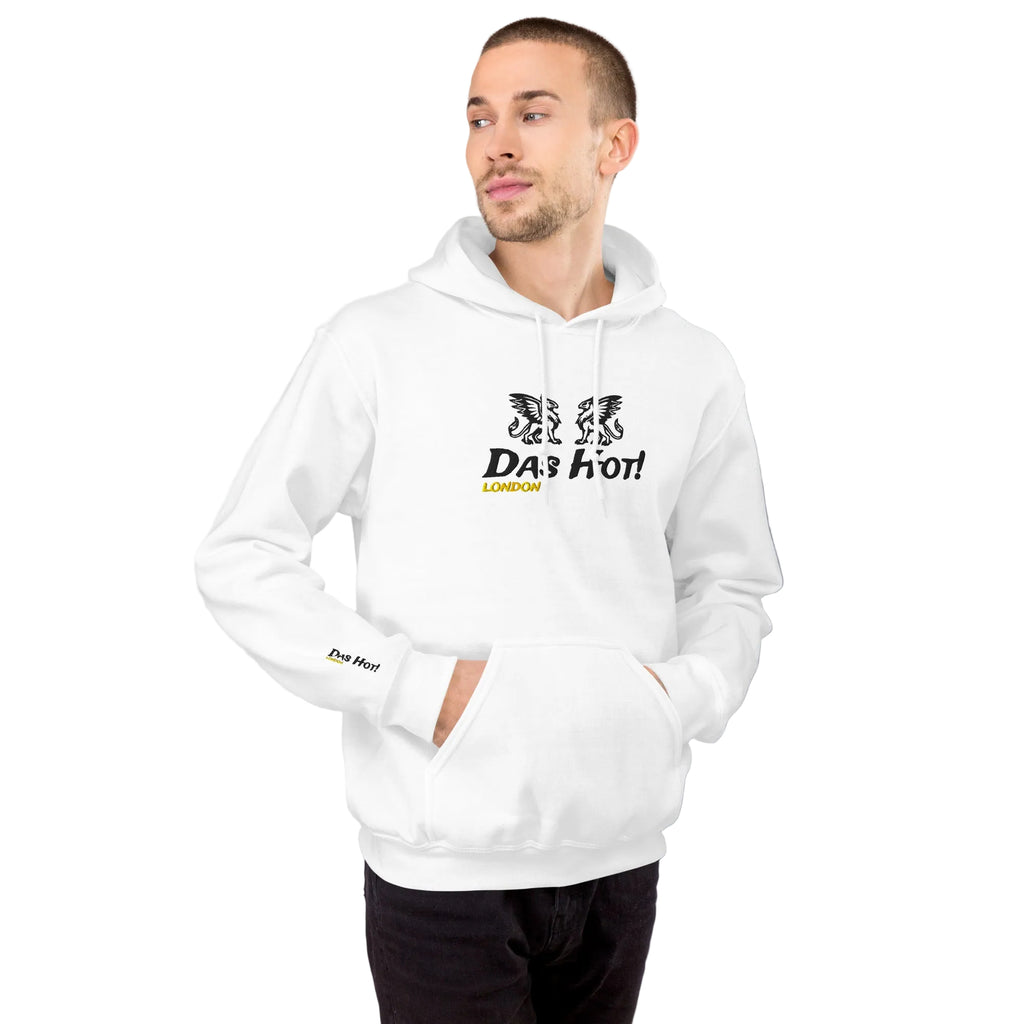 Detailed chest and sleeve view of a premium white unisex streetwear hoodie by Das Hot! London. The chest features high-density black raised embroidery of twin heraldic griffins and the Das Hot! brand name with a contrasting yellow-gold embroidered London accent directly underneath, while the lower right sleeve cuff shows a matching small embroidered Das Hot! London brand name accent.