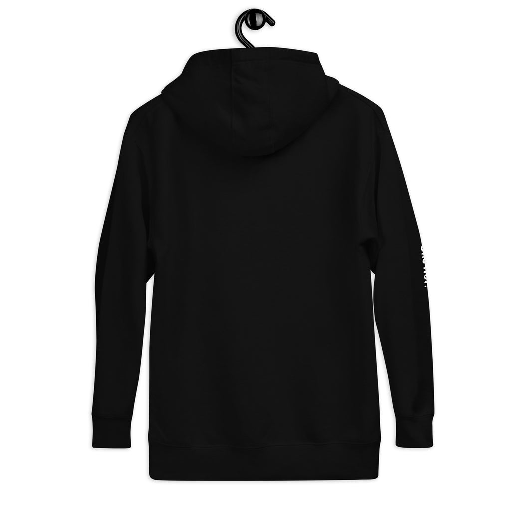 Clean studio rear view of the premium black unisex streetwear hoodie by Das Hot!. The image emphasizes the smooth, unprinted back profile, solid construction, and urban fit of the hoodie torso and relaxed hood against a plain white background.