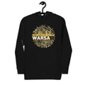Close up view of the premium black unisex streetwear hoodie by Das Hot!, showcasing the circular gold Warsaw city map chest graphic. On the mid-right sleeve, a small, white embroidered Das Hot! brand logo with a clean black outline is partially visible.