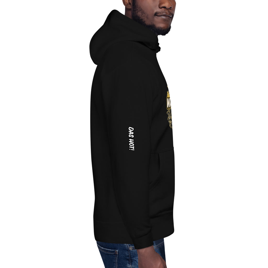 Cropped side profile view of the premium black unisex streetwear hoodie by Das Hot!. The image focuses strictly on the mid-right sleeve to highlight the small, vertical white embroidered Das Hot! brand logo featuring a sharp black outline, while the gold Warsaw city map graphic on the chest is partially visible on the right.