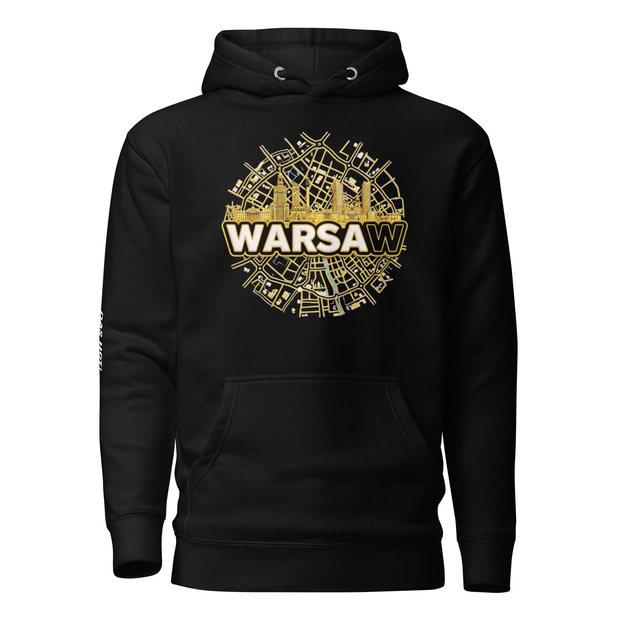 Front torso view of the premium black unisex streetwear hoodie by Das Hot!. The image clearly showcases the detailed circular chest graphic featuring a golden Warsaw city map layout, skyscraper skyline silhouette, and the word WARSAW printed boldly in white text with black and gold outlining. The hoodie features classic drawstring eyelets at the collar and a spacious front kangaroo pocket.
