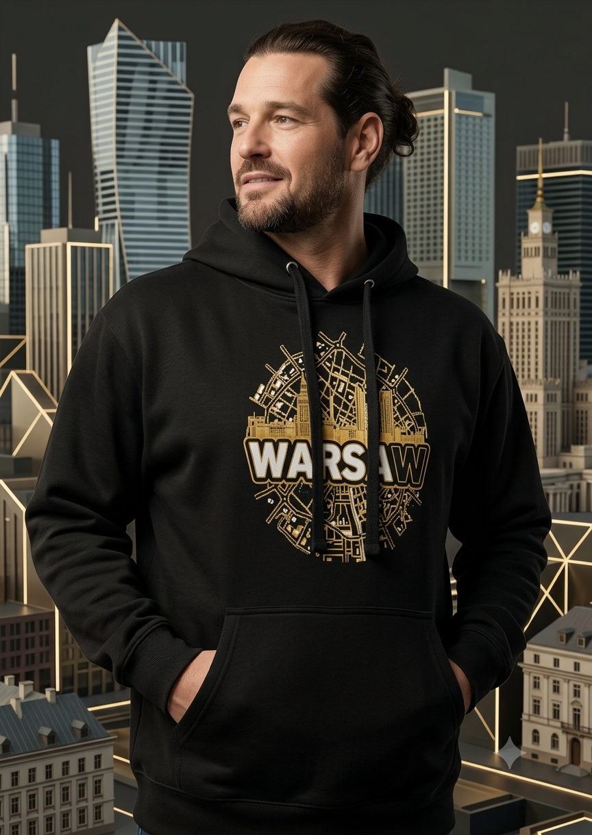 Front view of a male model looking to the side, wearing a premium black unisex streetwear hoodie by Das Hot! featuring a circular gold and white graphic design with the word WARSAW across the chest. The model is set against a stylized, three-dimensional architectural background of city skyscrapers and buildings that complement the urban design.