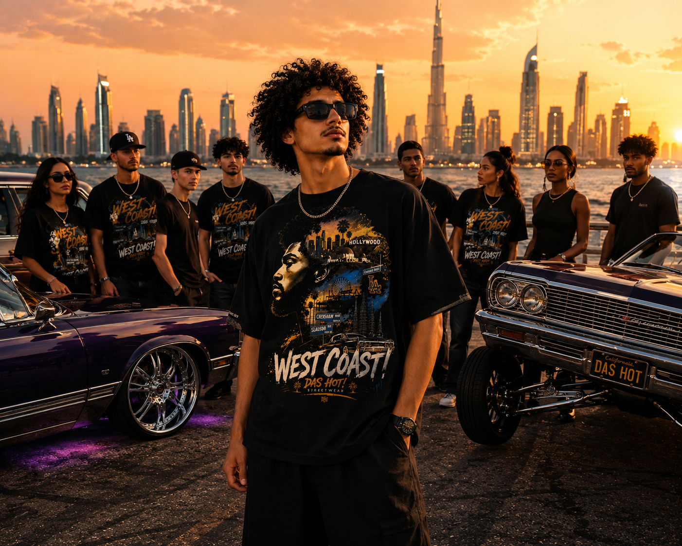 Lifestyle image of a young Arab man wearing the Das Hot! West Coast Desert Hype oversized black streetwear T-shirt featuring an artistic Los Angeles-inspired silhouette graphic on the front and the phrase "What you wanna do?" printed in white with a gray outline on the right sleeve, standing confidently with friends beside classic lowrider convertibles and a custom donk car with the Dubai skyline in the background.