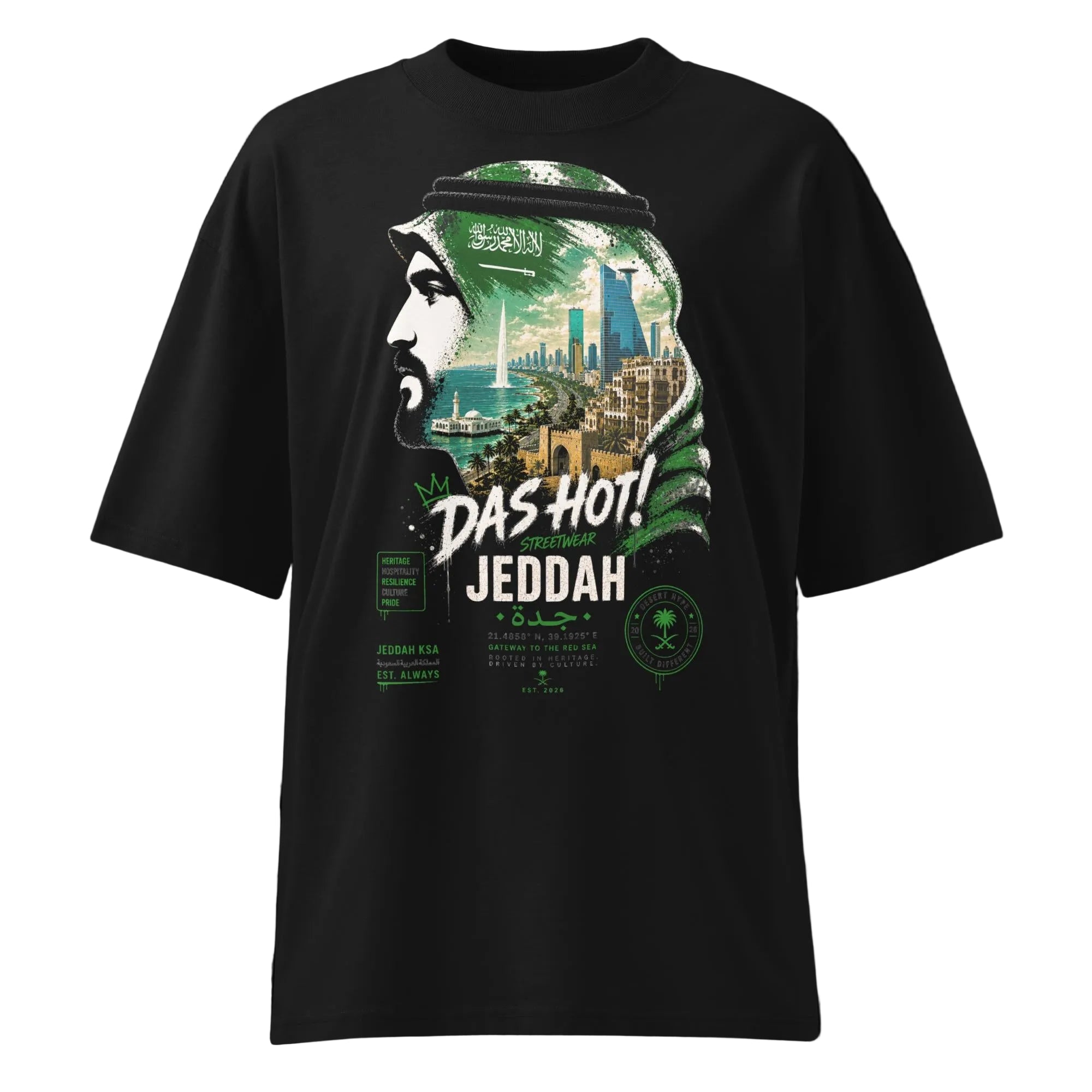 Das Hot! Jeddah oversized streetwear t-shirt featuring Arabian profile artwork inspired by Al-Balad, King Fahd Fountain, the Red Sea, and the modern Jeddah skyline.