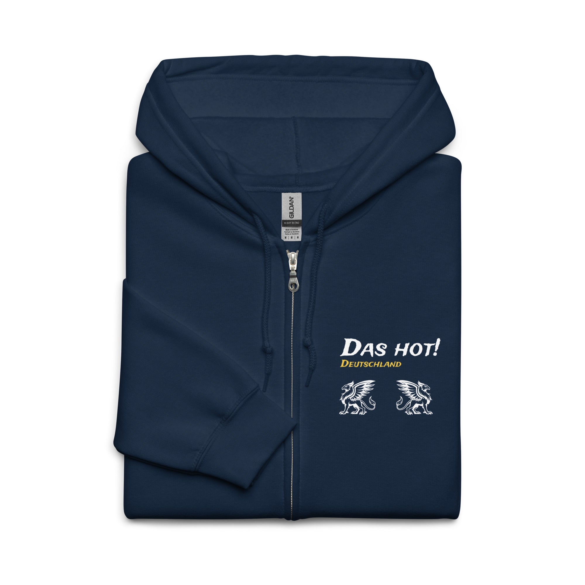Close-up navy griffin zip up hoodie graphic Das Hot white Deutschland gold two small white griffins and zipper 
