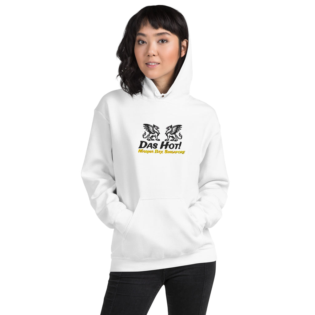 Asian model wearing white unisex streetwear hoodie 8oz with black embroidered mythical griffins and mustard yellow Singapore chest text