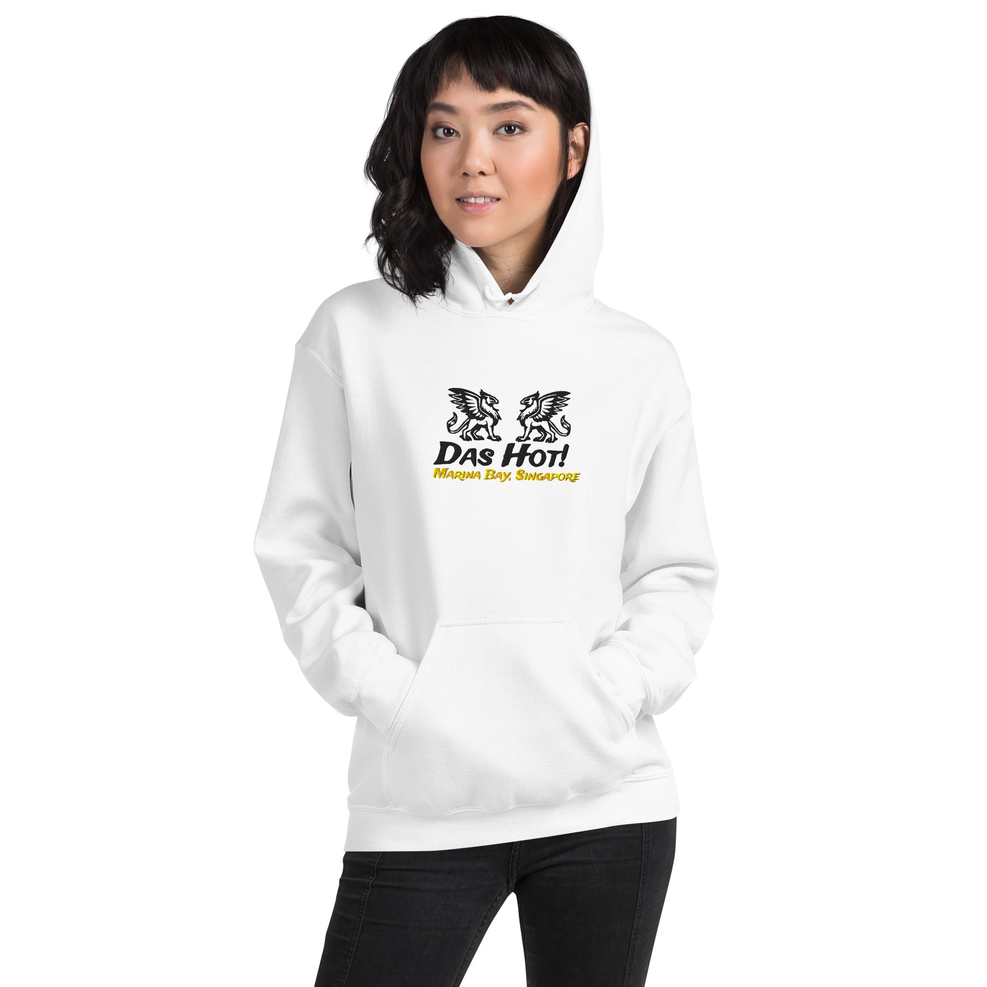 Asian model wearing white unisex streetwear hoodie 8oz with black embroidered mythical griffins and mustard yellow Singapore chest text