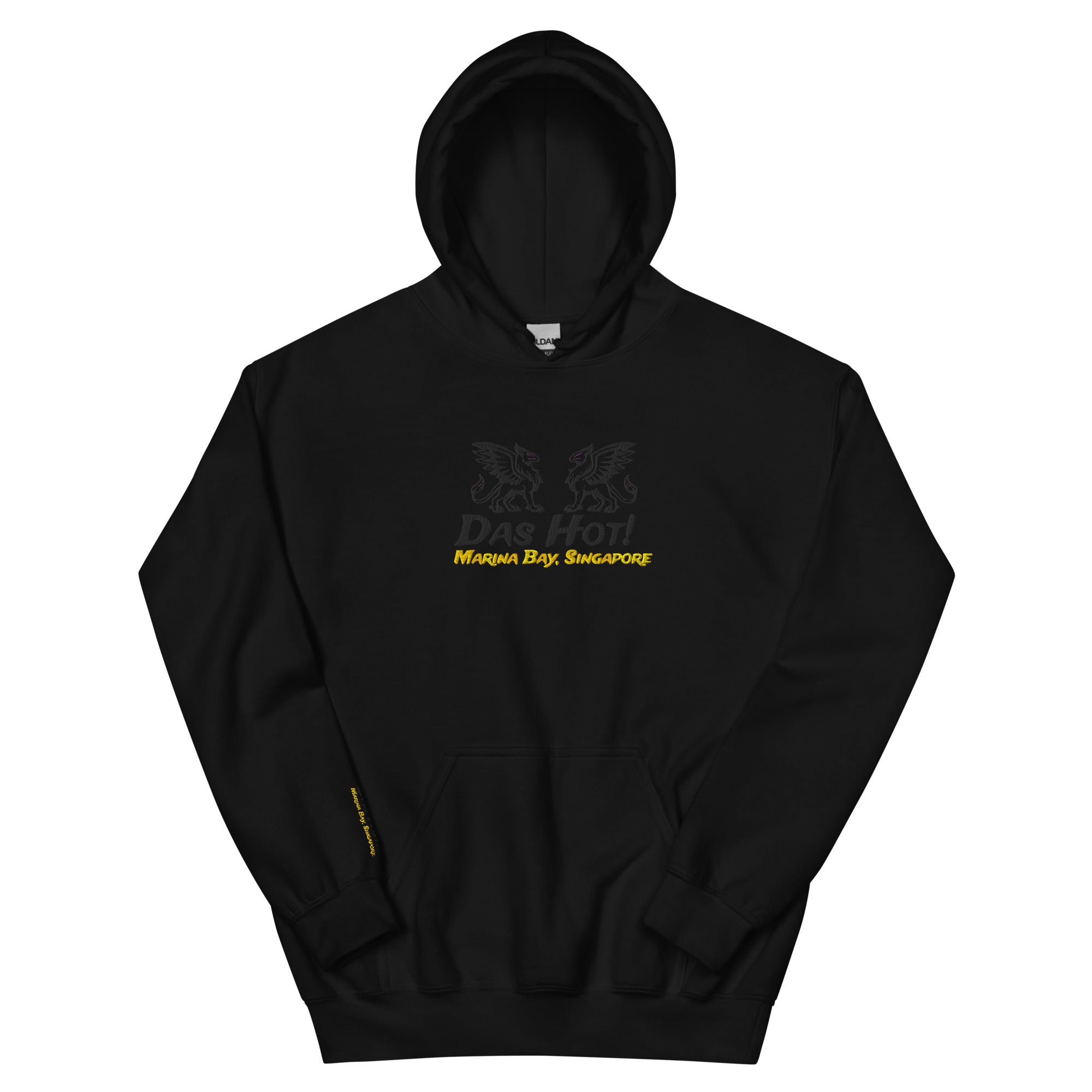 Black flat unisex streetwear hoodie 8oz with tone on tone chest griffins and golden yellow Marina Bay Singapore front center embroidery
