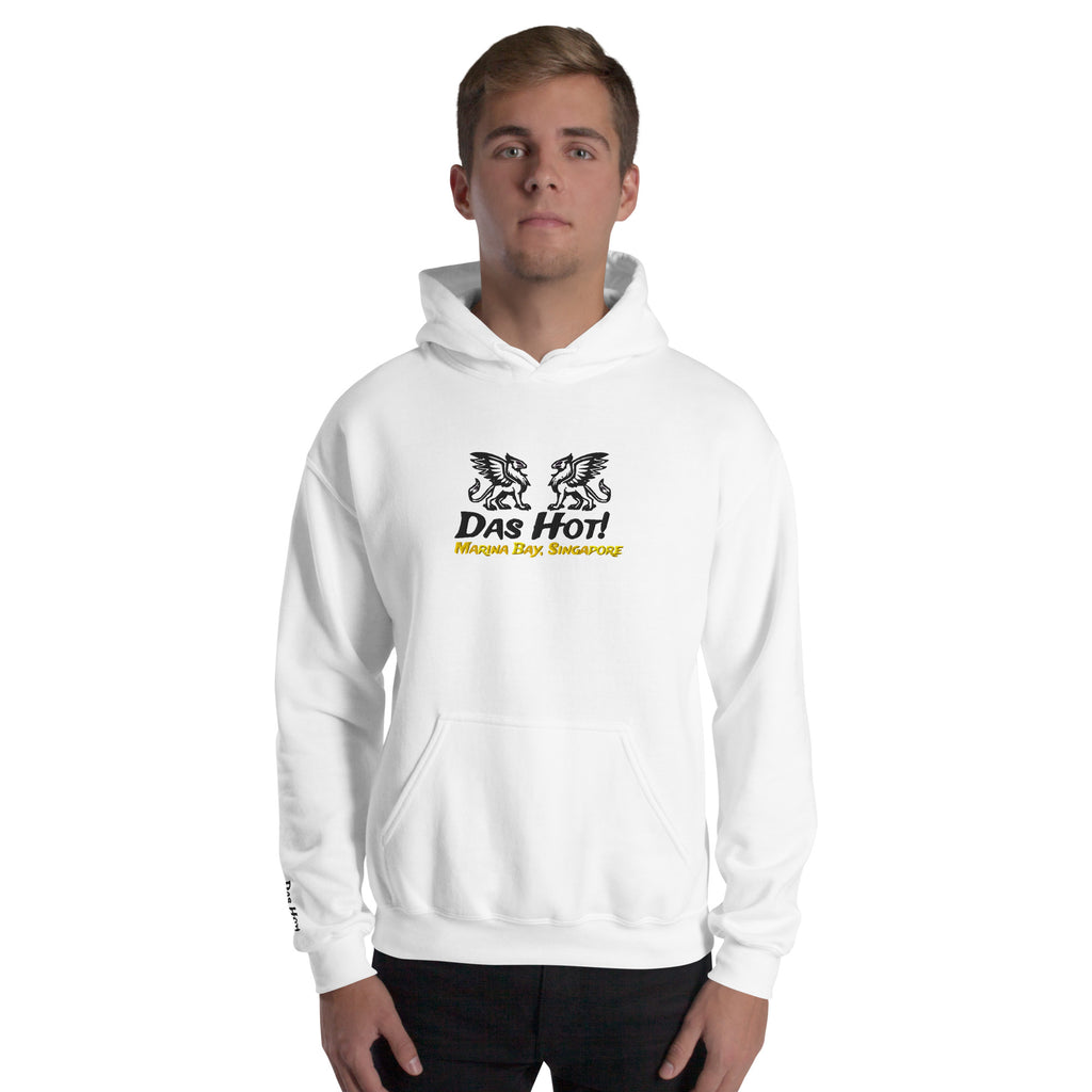 Male model wearing white unisex streetwear hoodie 8oz with black chest griffins and yellow Singapore right cuff sleeve embroidery