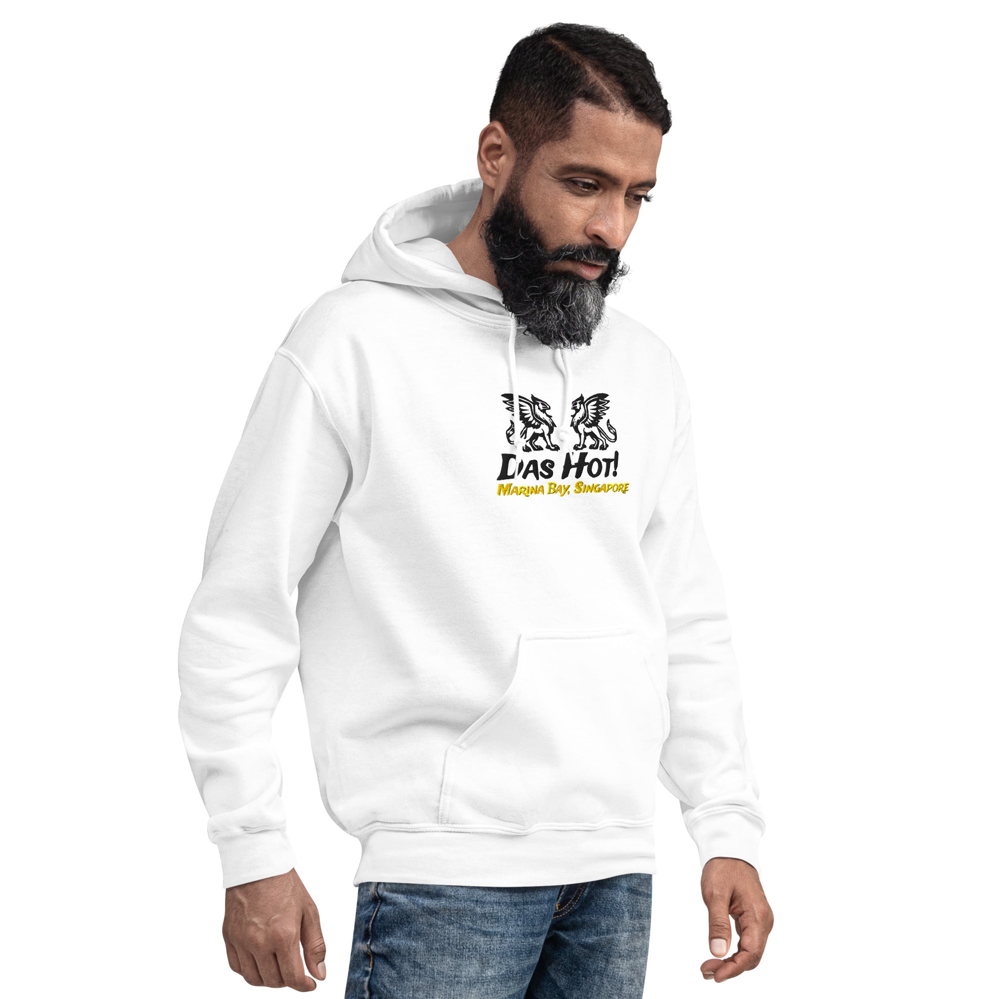 Bearded Indian male model wearing white unisex streetwear hoodie 8oz with black embroidered mythical griffins and mustard yellow Singapore chest text