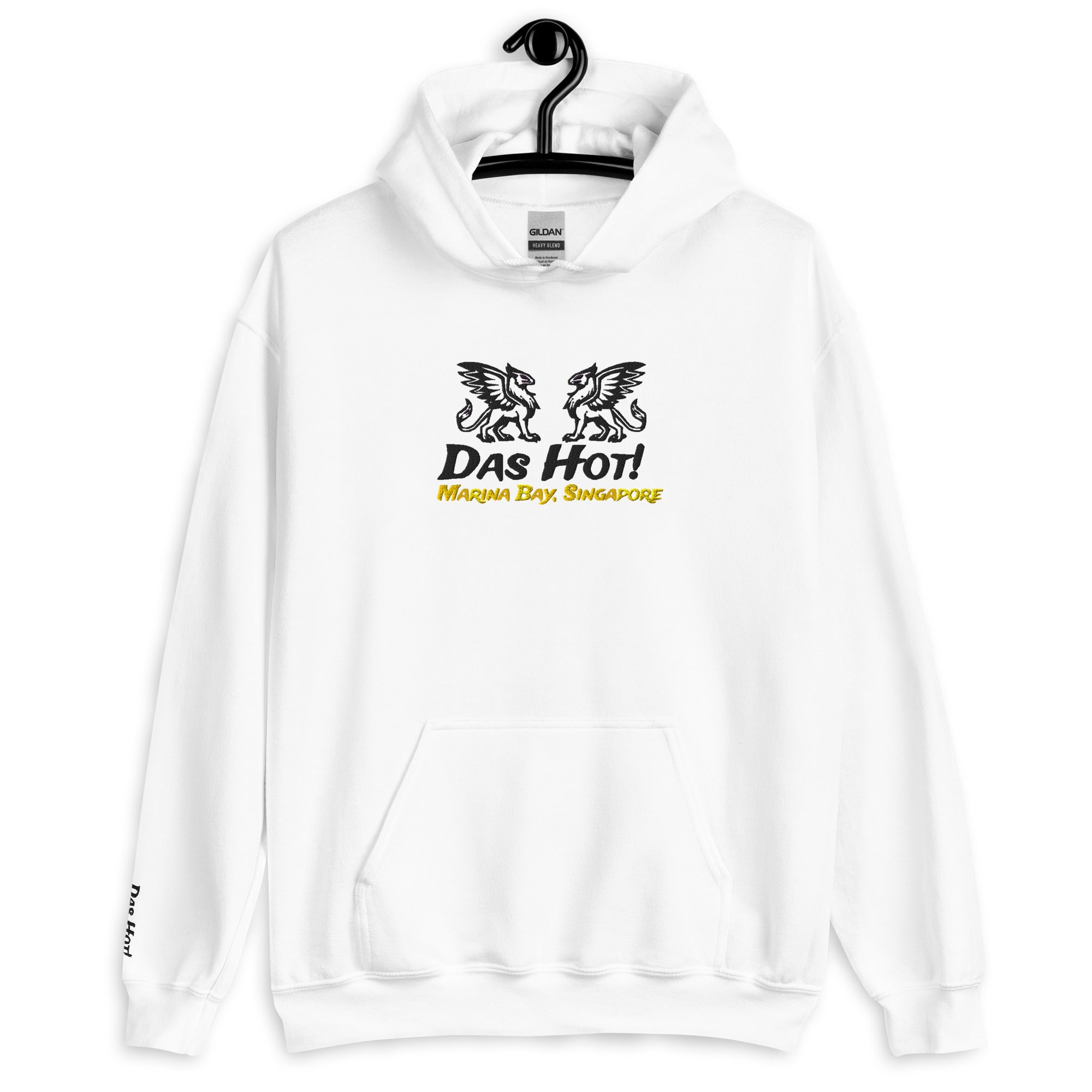 White flat unisex streetwear hoodie 8oz on hanger showing detailed black chest griffins and mustard yellow Singapore embroidery