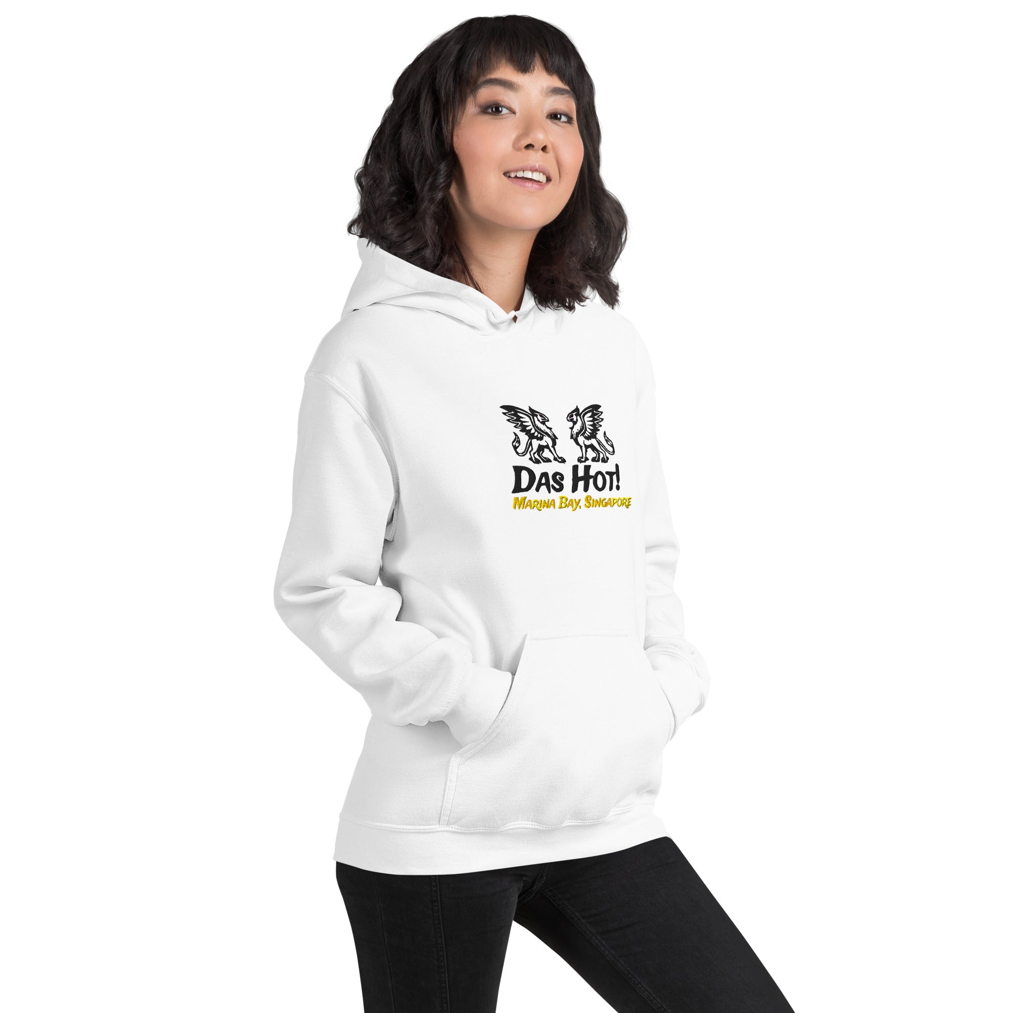 Asian female model wearing white streetwear hoodie 8oz with black stitched chest griffins and golden yellow Marina Bay Singapore text