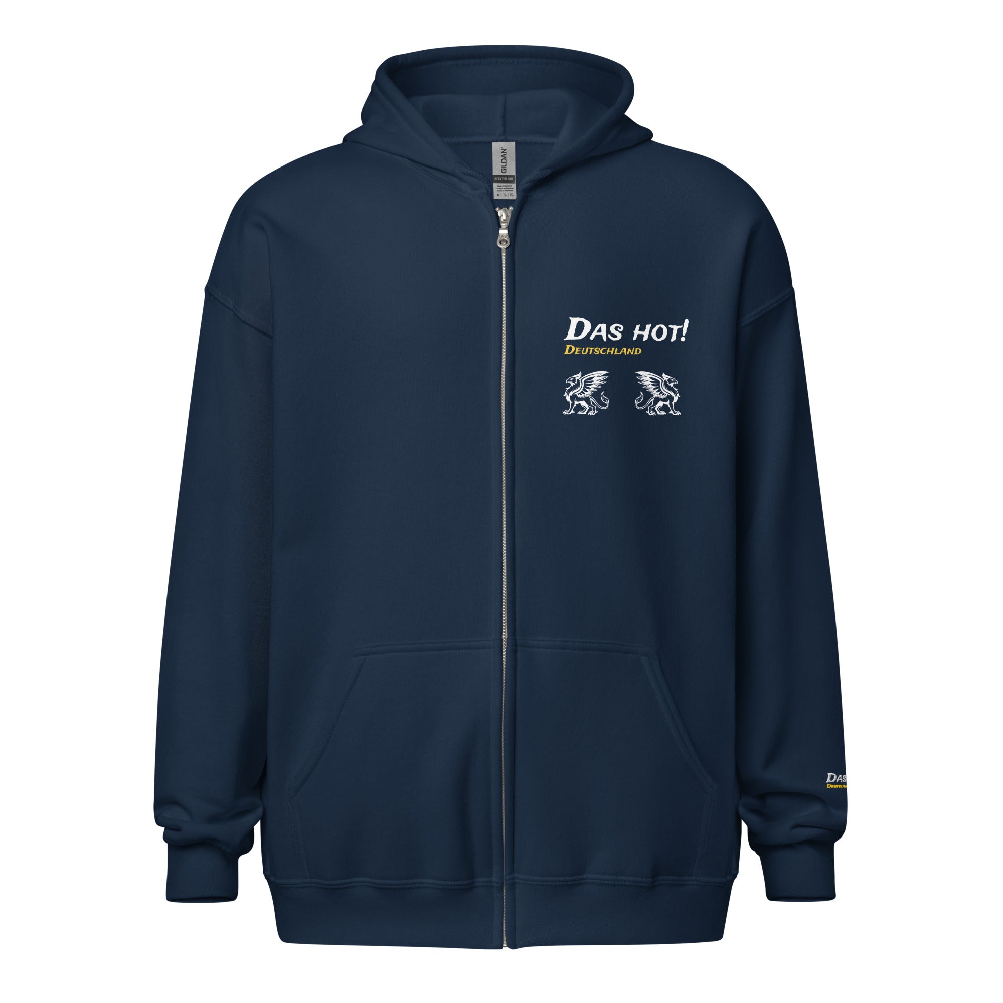 Women's navy blue griffin zip up hoodie ghost front view Das Hot white Deutschland gold two small white griffins