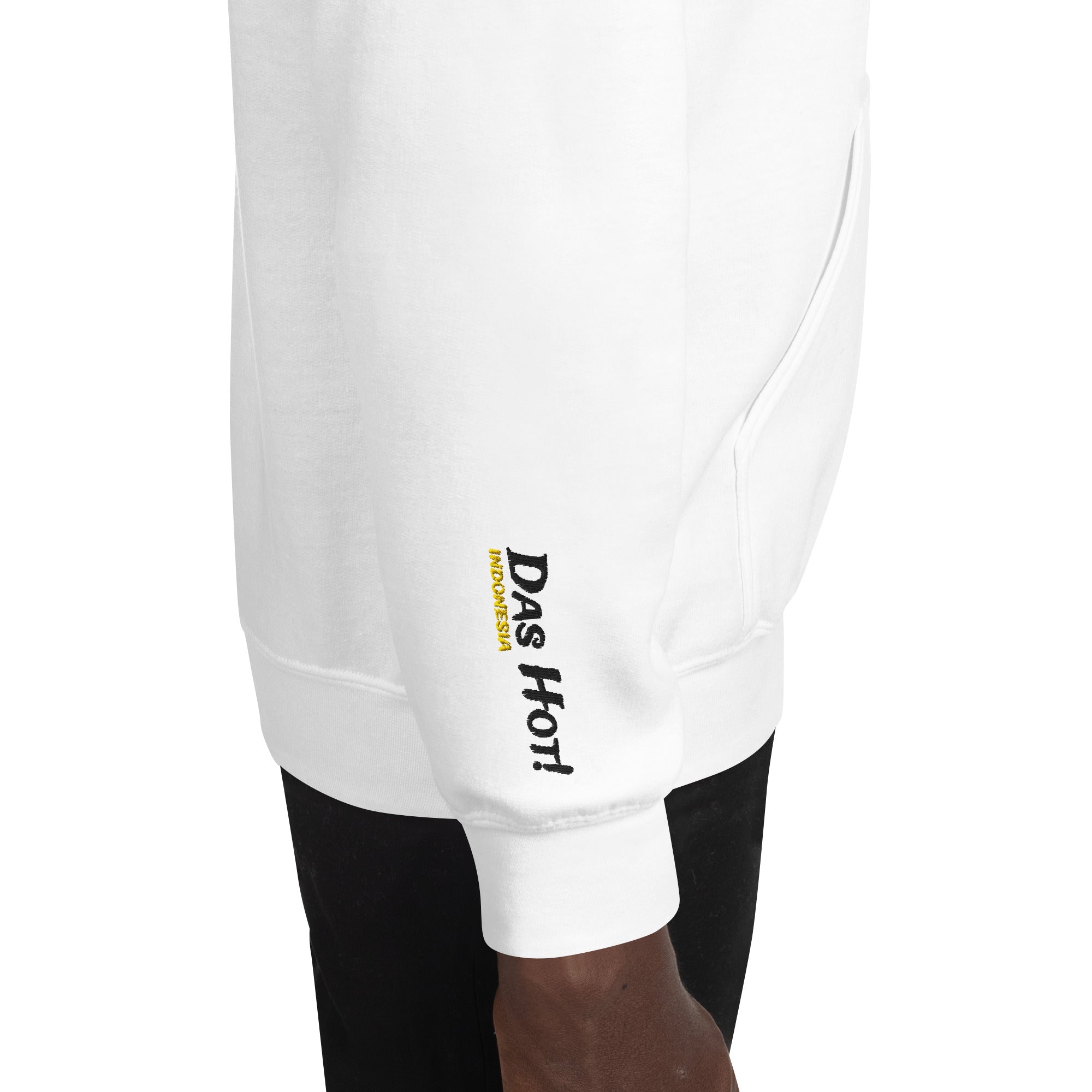 Pria Hoodie Indonesia Putih Das Hot - Sisi Kanan Pergelangan Tangan Menampilkan Logo Brand dan Indonesia