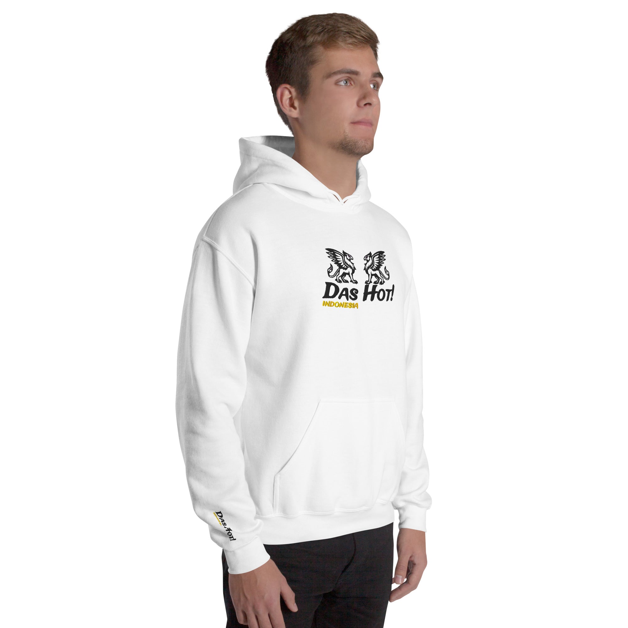Pria Hoodie Indonesia Putih Das Hot - Tampak Depan Sudut Kanan Griffin Bersayap Bordir