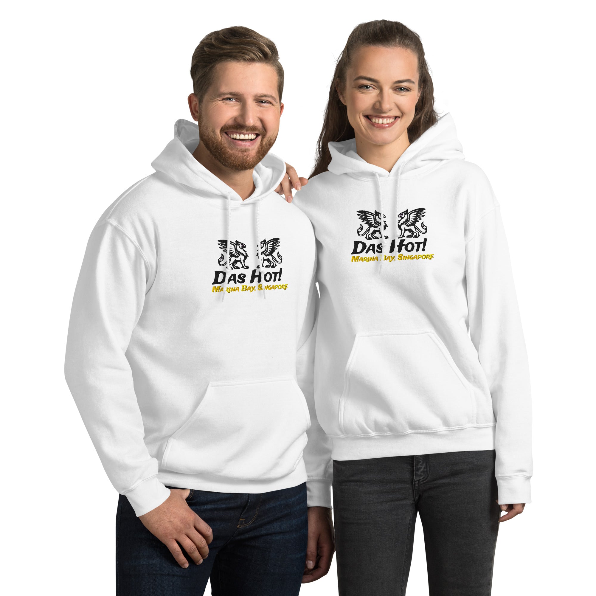 Two people wearing Singapore Marina Bay Unisex white hoodie with 2 black embroidered griffins Das Hot! brand name and Singapore Marina Bay in gold stitching front view - Premium streetwear hoodie