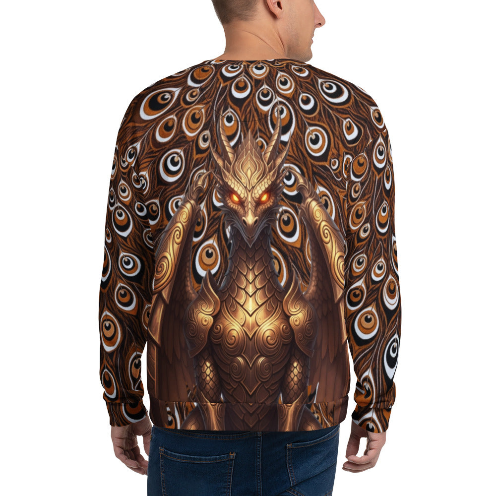 Back view of a man wearing a Dragon Thousand Eyes unisex sweatshirt, featuring a detailed metallic dragon graphic surrounded by a warm-toned, eye-patterned peacock feather background.