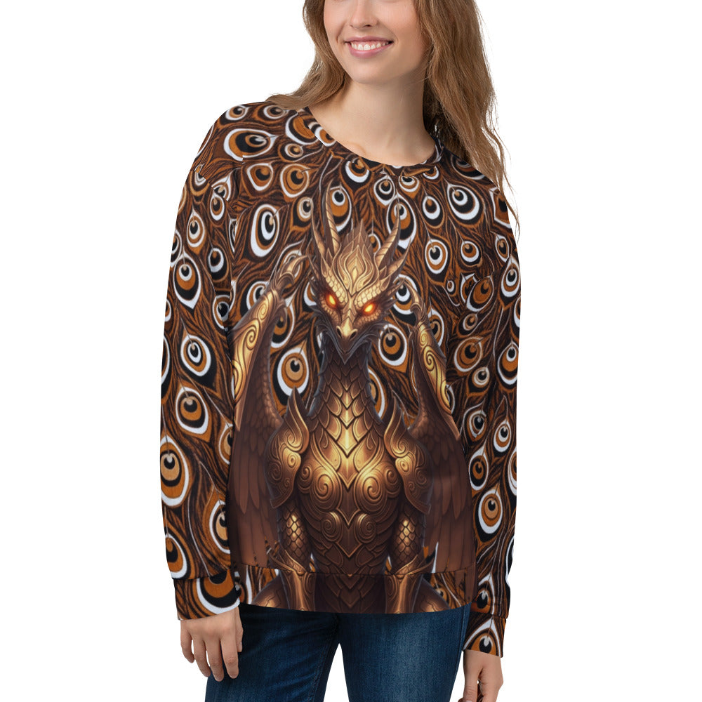 Front view of a woman wearing the Dragon Thousand Eyes unisex sweatshirt, showcasing a centered metallic dragon graphic and a warm-toned brown and black peacock feather pattern.