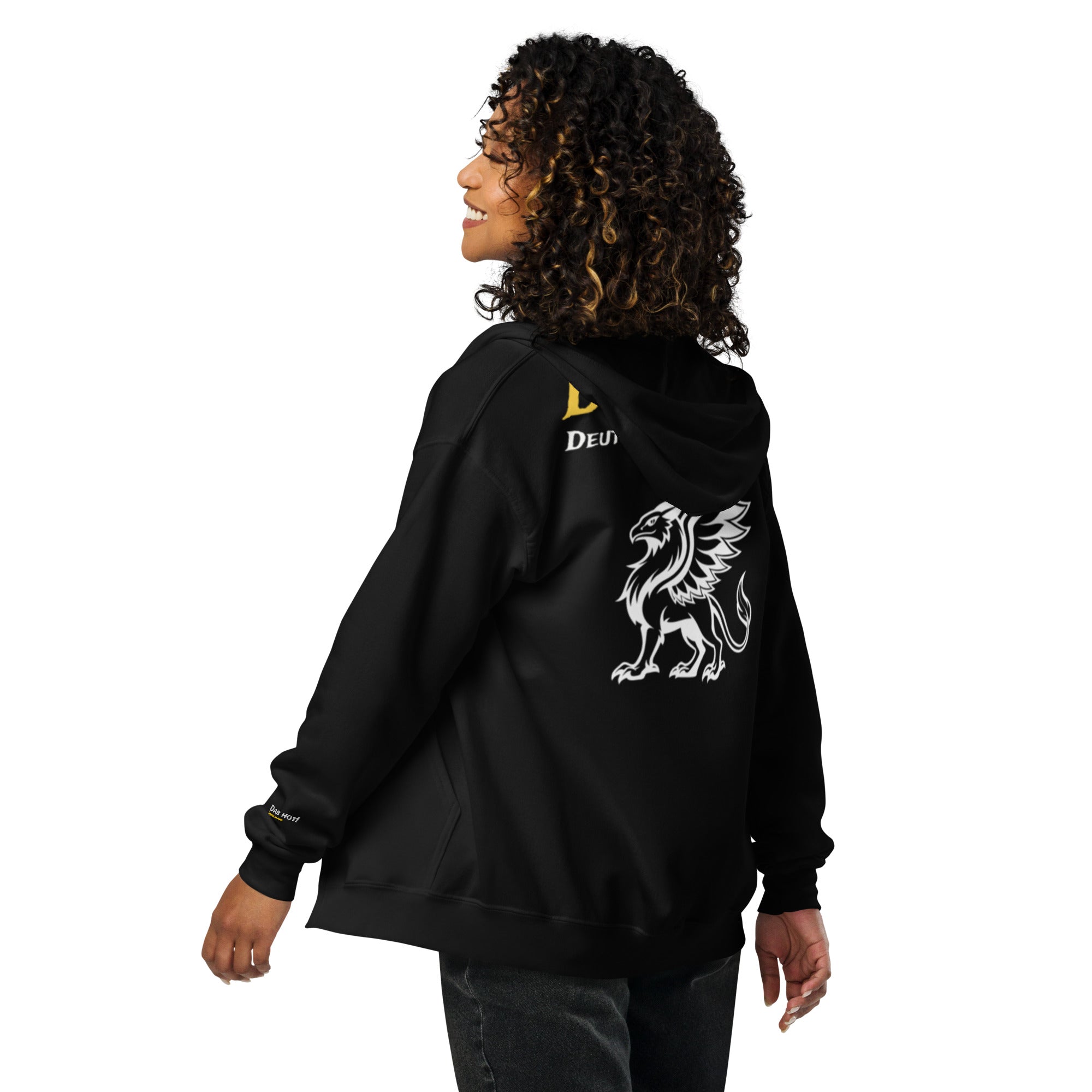 Woman wearing black griffin zip up hoodie back view gold DH white Deutschland large white griffin center back