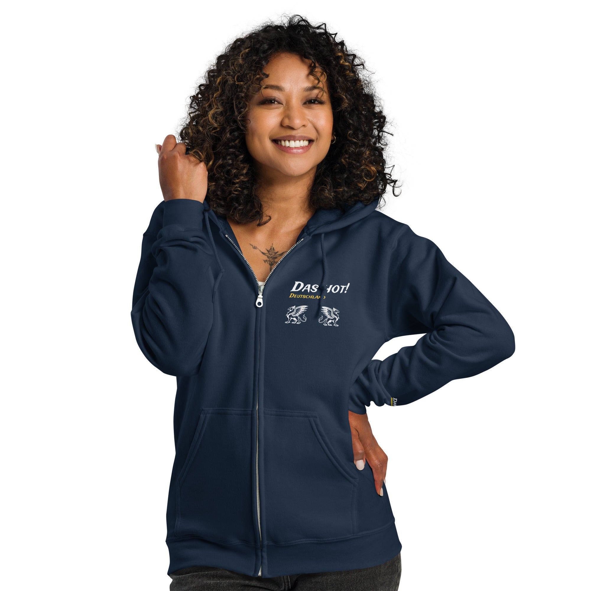 Woman wearing navy blue griffin zip up hoodie Das Hot white Deutschland gold text two small white griffins