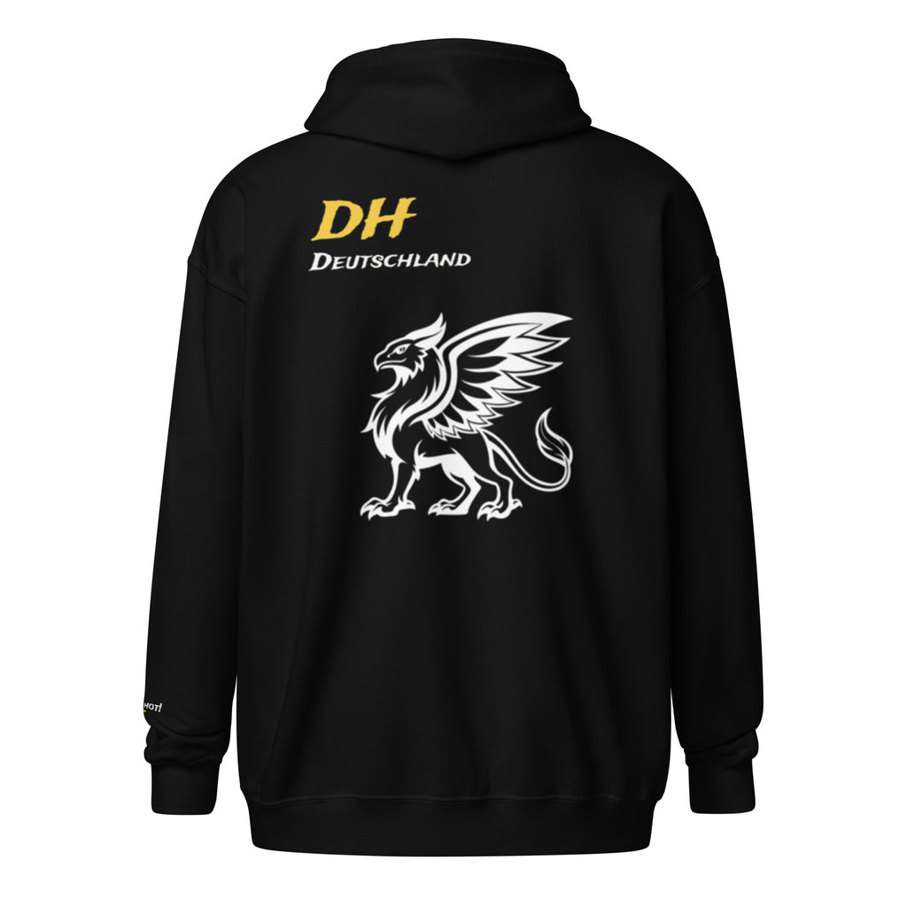 Women's black griffin zip up hoodie ghost back view gold DH white Deutschland large white griffin center back