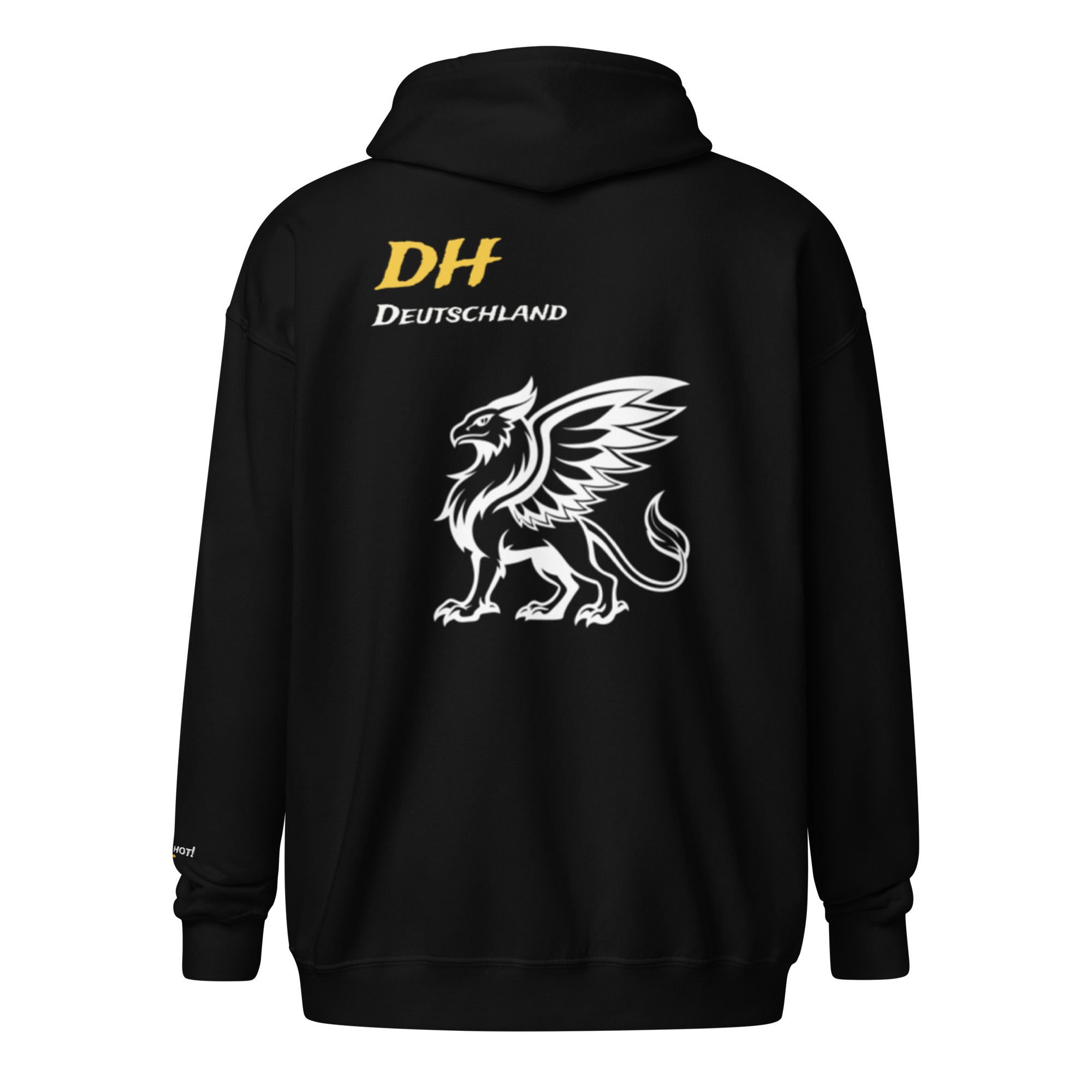 Women's black griffin zip up hoodie ghost back view gold DH white Deutschland large white griffin center back