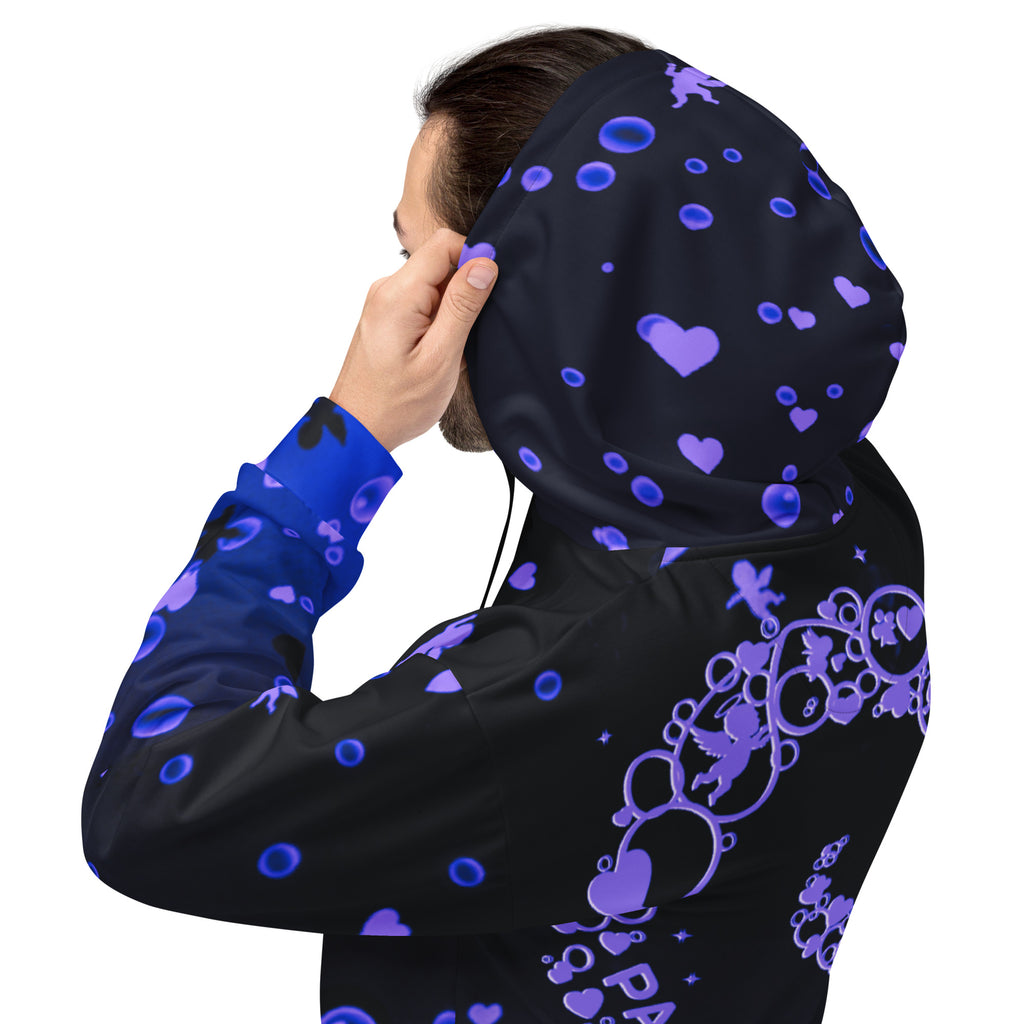 lifestyle-male-right-angle-back-hood-detail-passion-playground-bubble-heart-hoodie