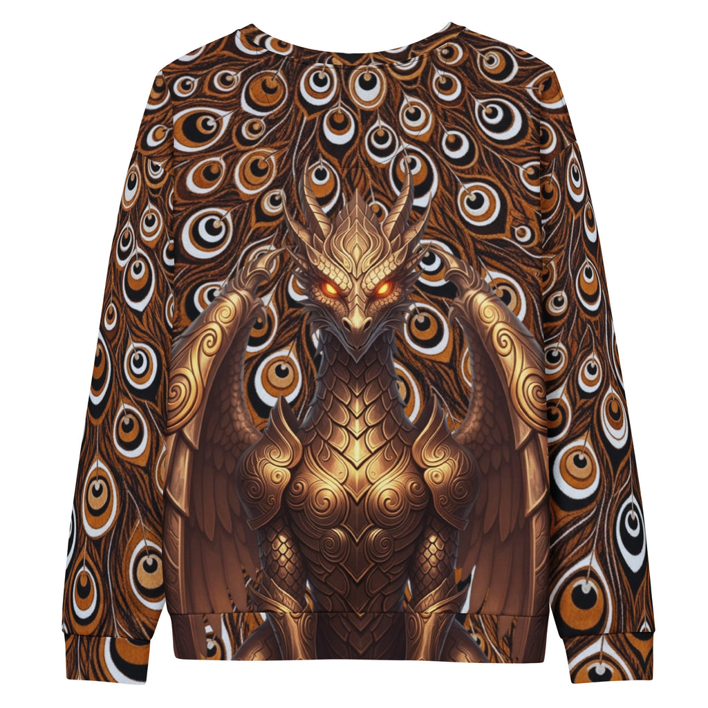 Front view of the Dragon Thousand Eyes sweatshirt laid flat, featuring an all-over dark brown and black peacock feather print with a centered metallic gold dragon design.