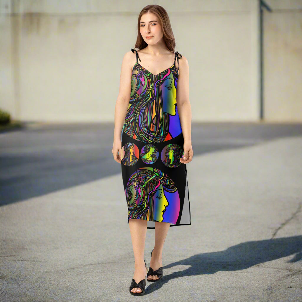 Woman wearing a colorful dress with abstract patterns on a white background