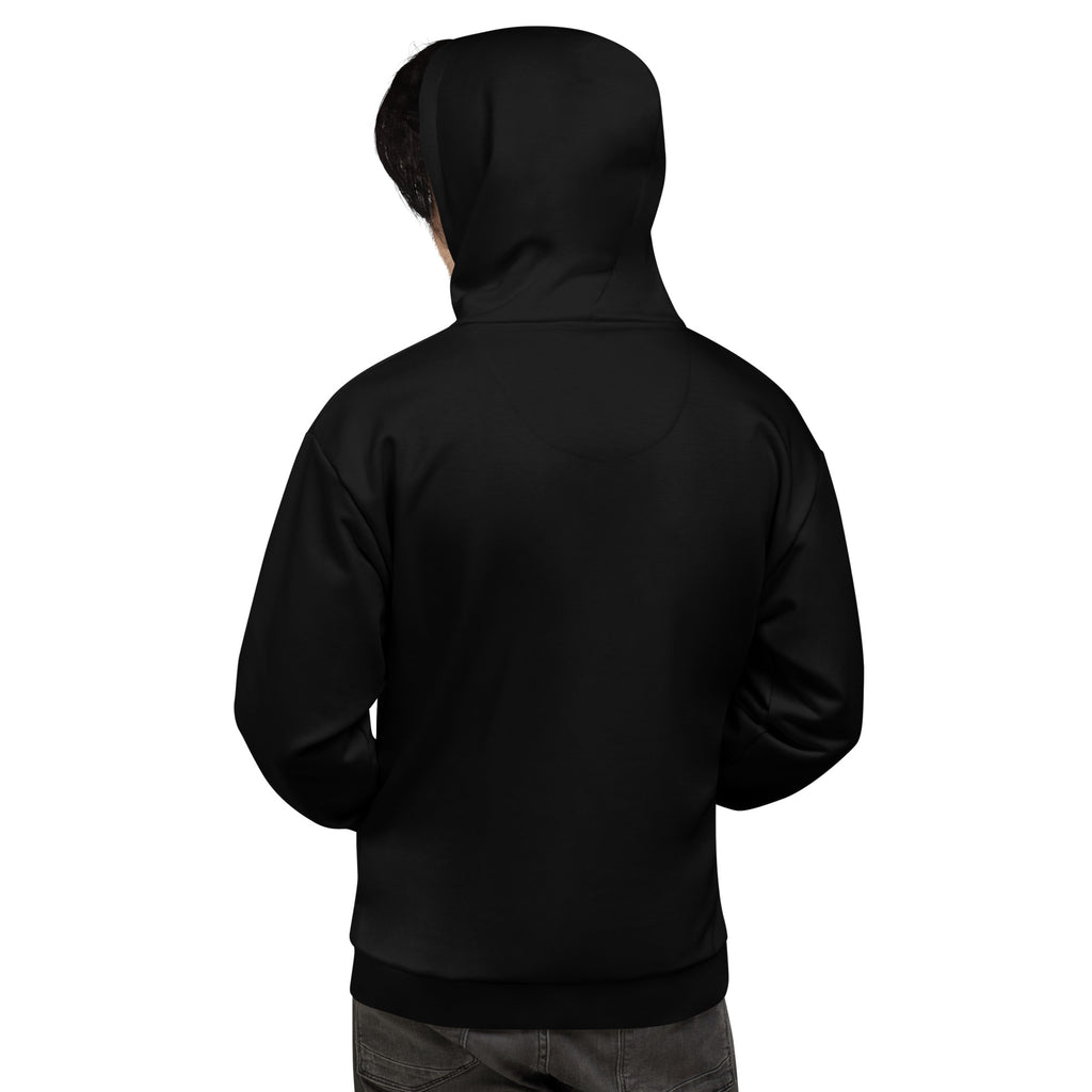 "Back view of the black Apex 1983/2026 Breakdance Tech Hoodie with the hood up, showing the structured synthetic memory fabric silhouette