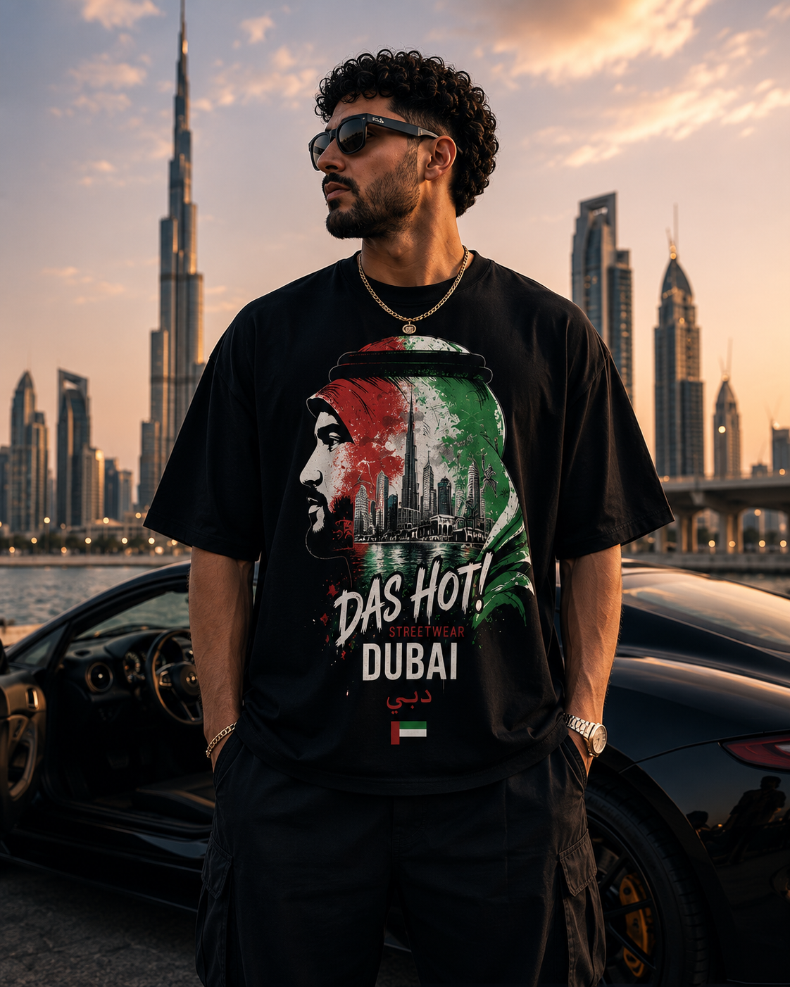 Black Das Hot! Desert Hype™ Dubai oversized streetwear T-shirt worn by an Arabian male model standing beside a luxury sports car with the Dubai skyline and Burj Khalifa in the background.