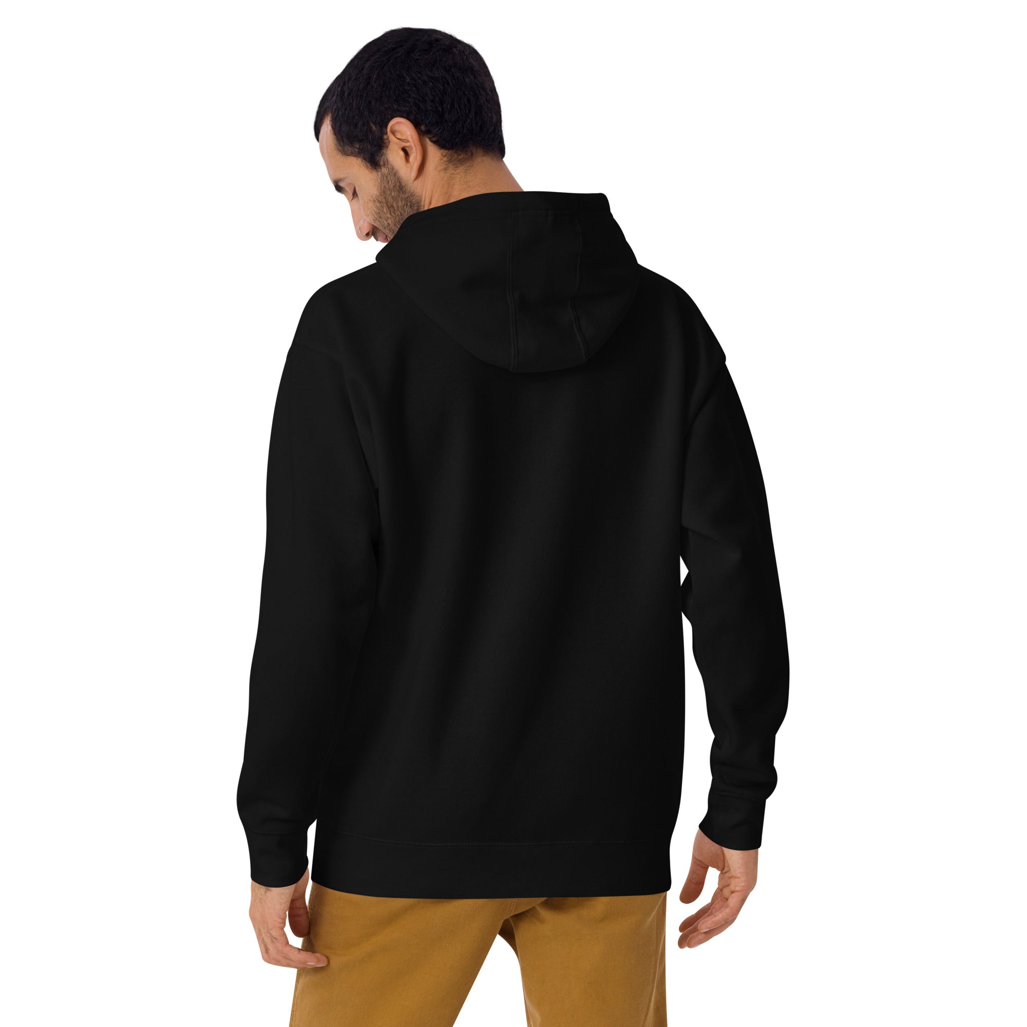 Man wearing a black hoodie from behind on a white background