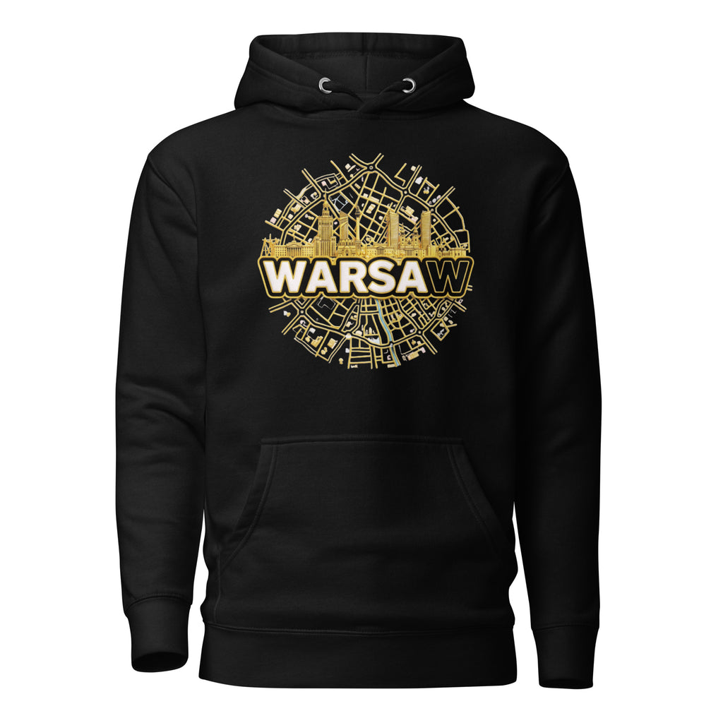 Black hoodie with 'Warsaw' and city map design on a white background