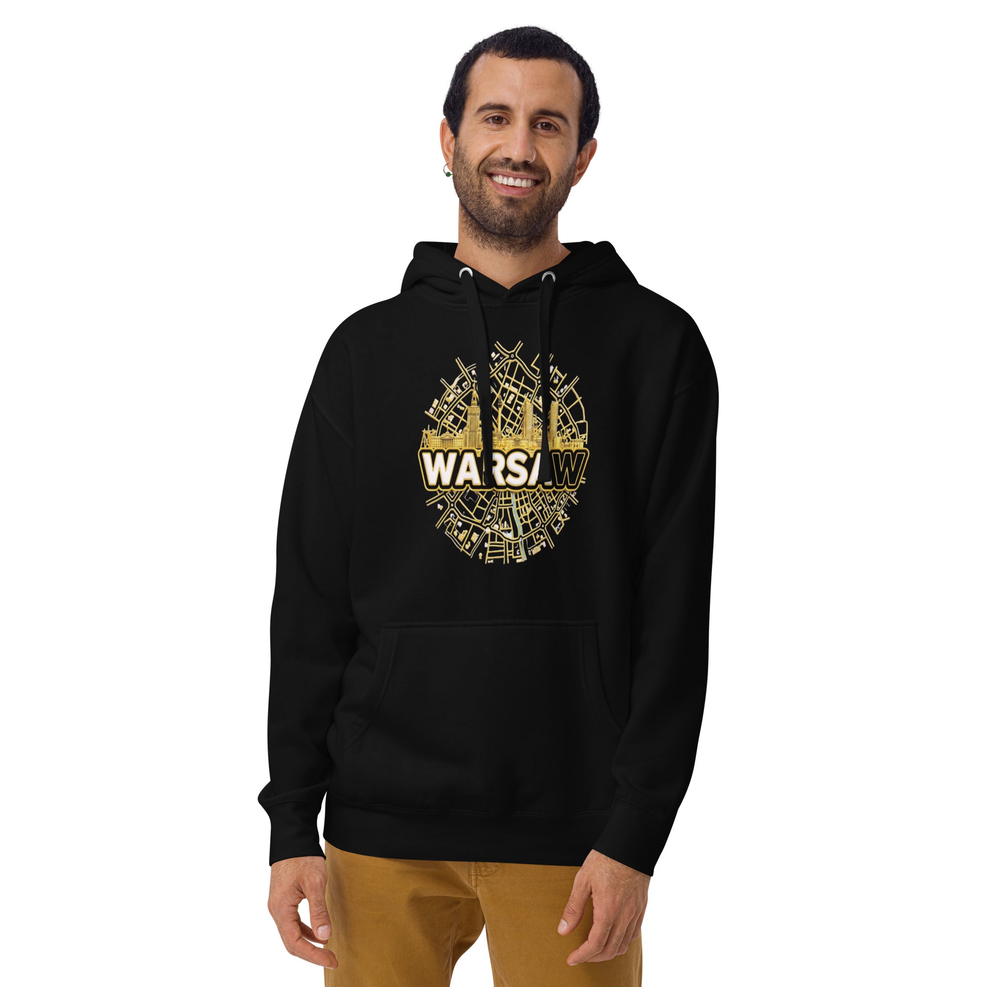 Man wearing a black hoodie with gold 'Warsaw' design on a white background