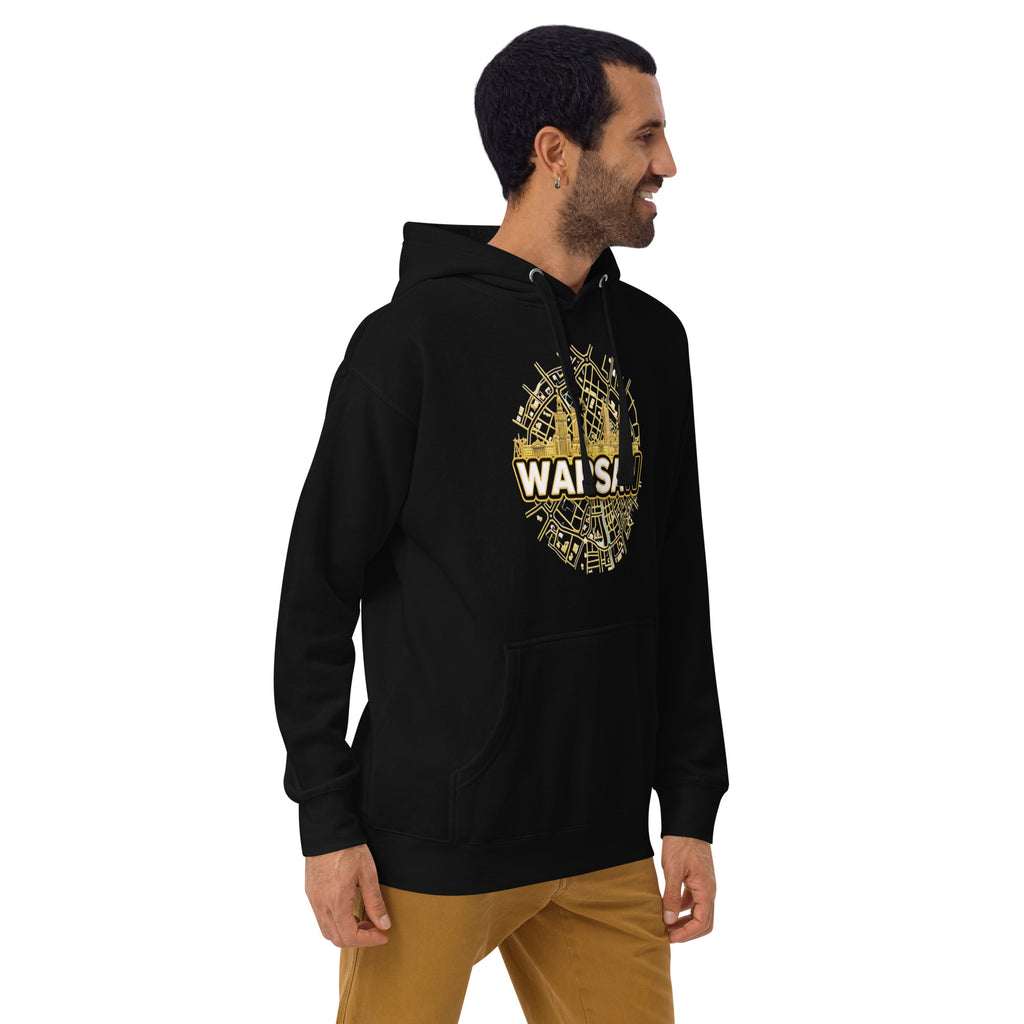 Man wearing a black hoodie with gold design and 'Warsaw' text on a white background