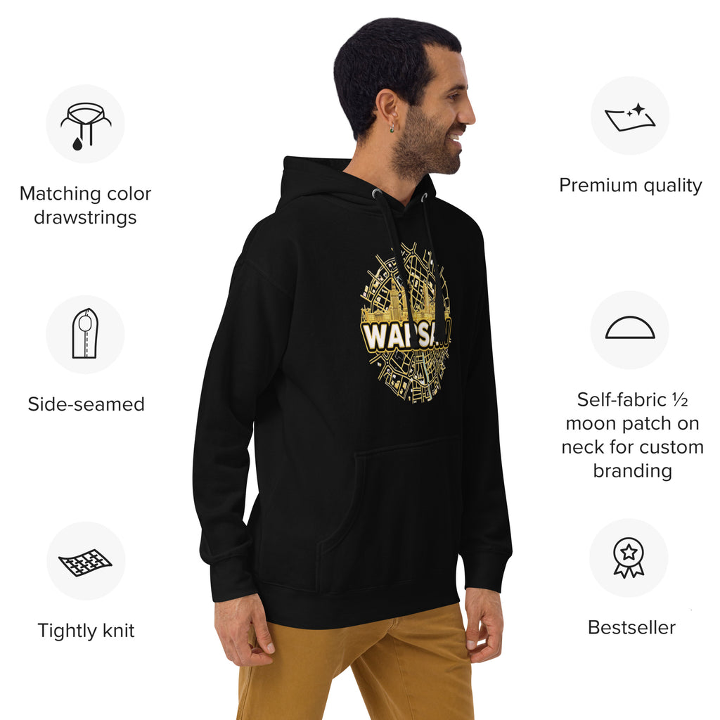 Man wearing a black hoodie with gold Warsaw graphics and text, standing against a white background with product features listed.