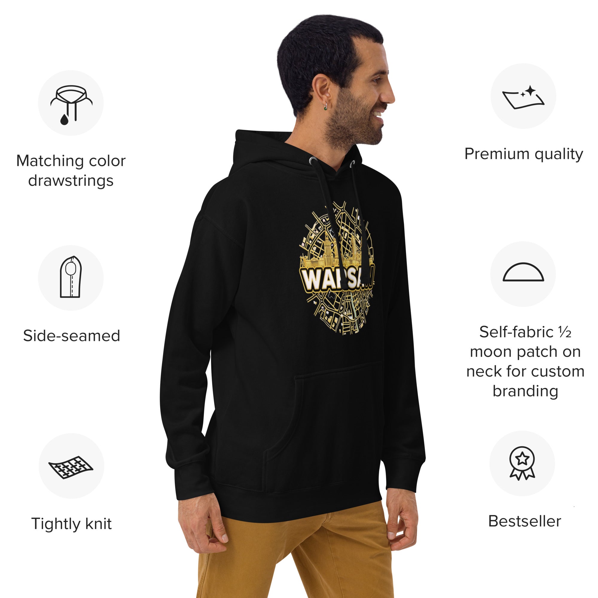 Man wearing a black hoodie with gold Warsaw graphics and text, standing against a white background with product features listed.