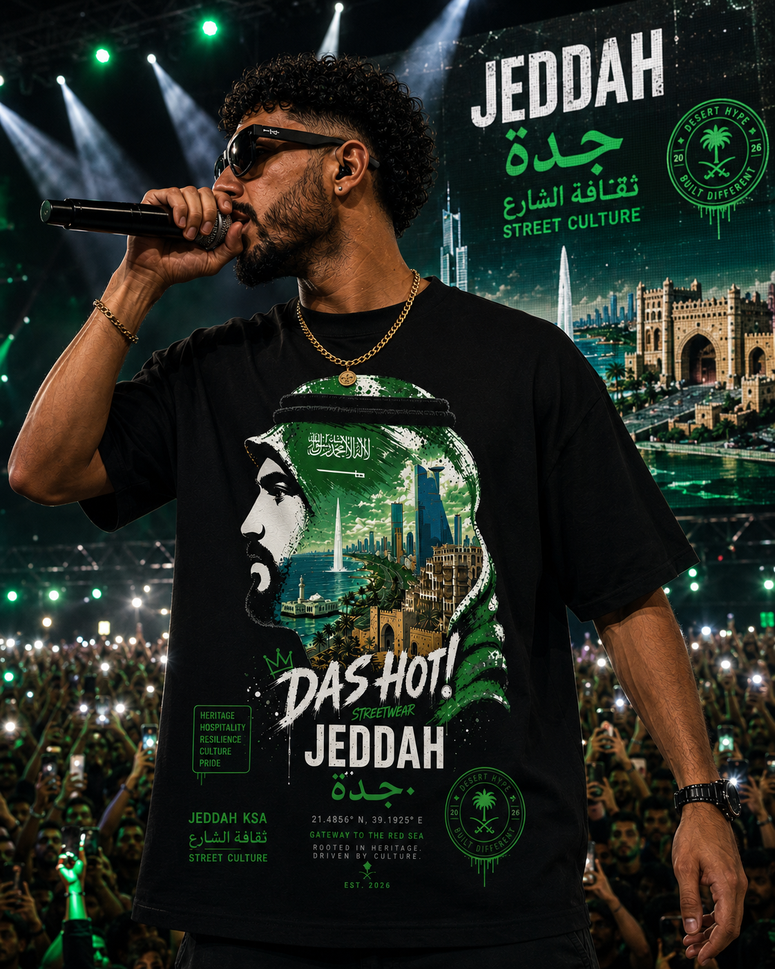 Arab rapper performing live on stage wearing the Das Hot! Desert Hype™ Jeddah oversized streetwear t-shirt featuring a Saudi-inspired graphic with Jeddah landmarks.